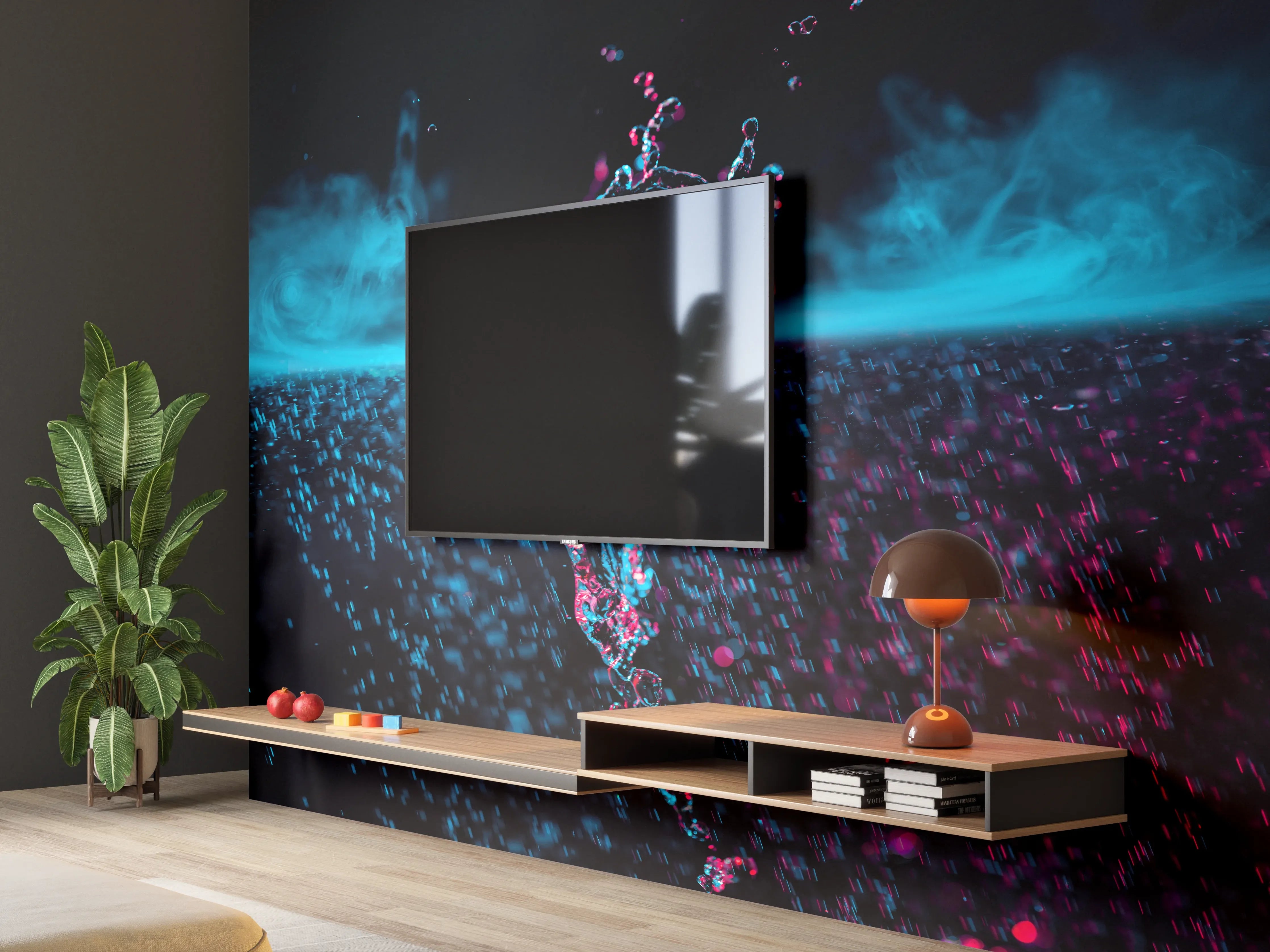 Wandverkleidung Wohnzimmer - Faszinierende Wasseraufnahme in Blau und Pink