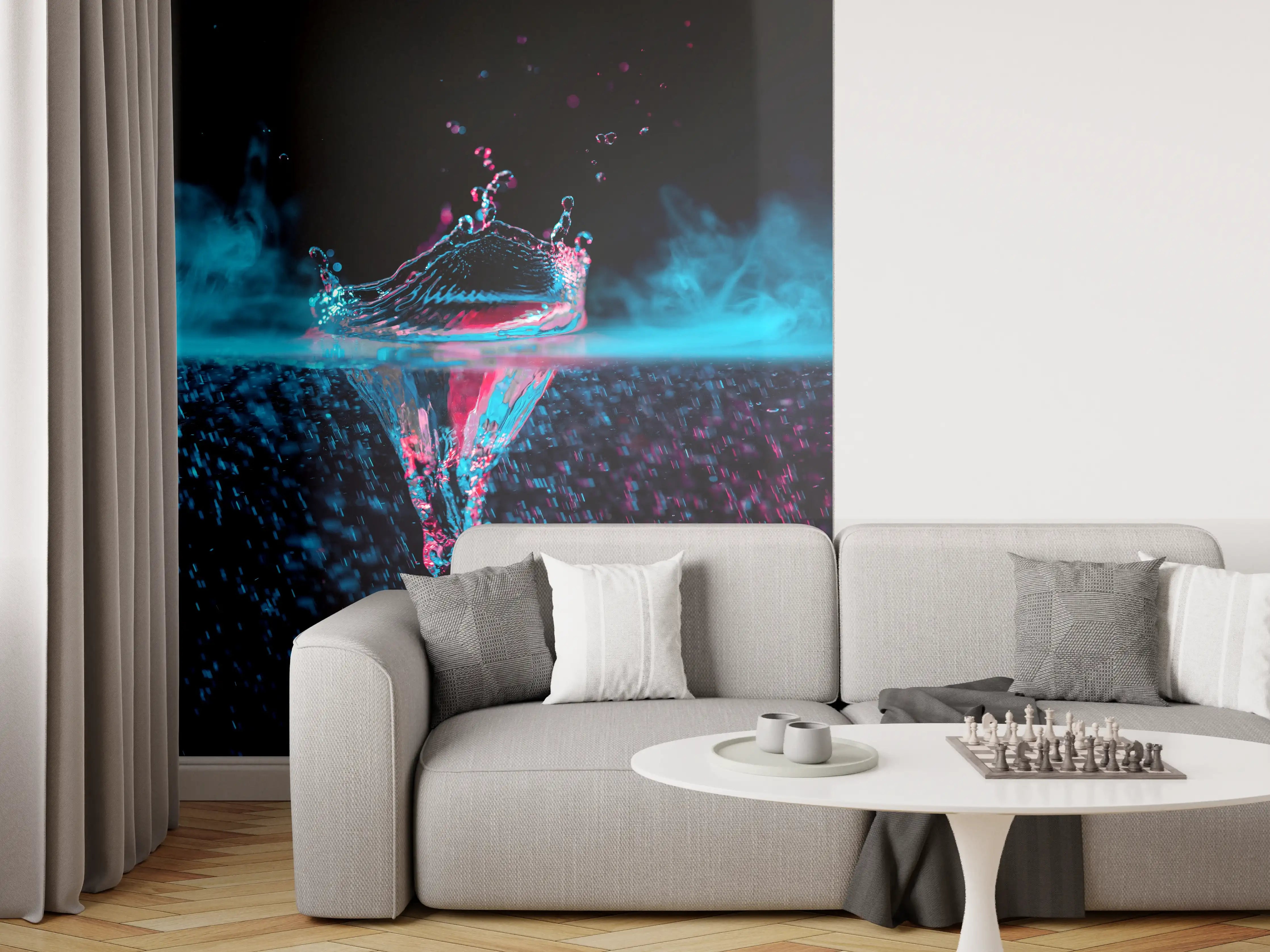 Wandverkleidung Wohnzimmer - Faszinierende Wasseraufnahme in Blau und Pink