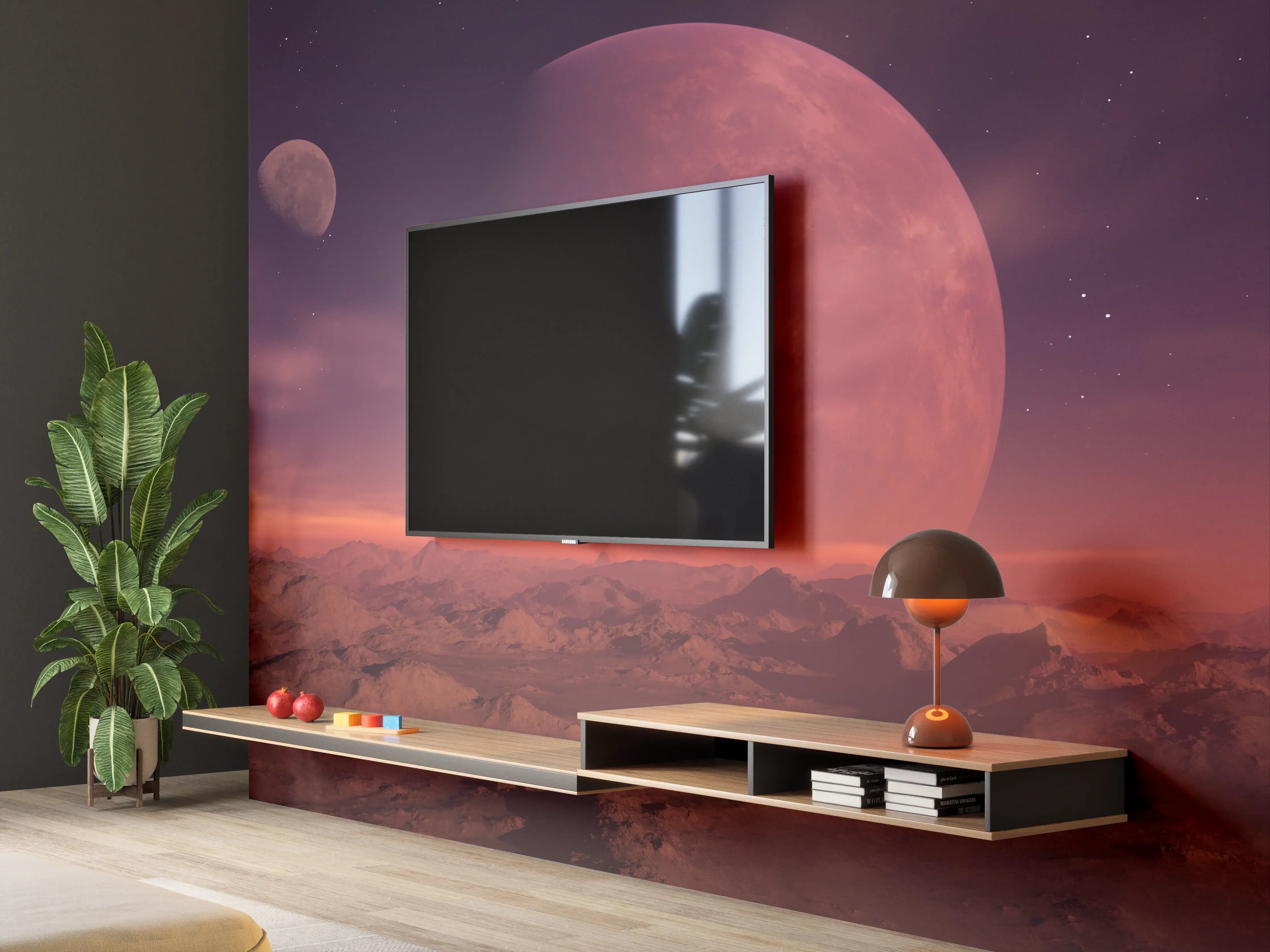 Wandverkleidung Wohnzimmer - Faszinierende Weltraumlandschaft mit zwei Planeten
