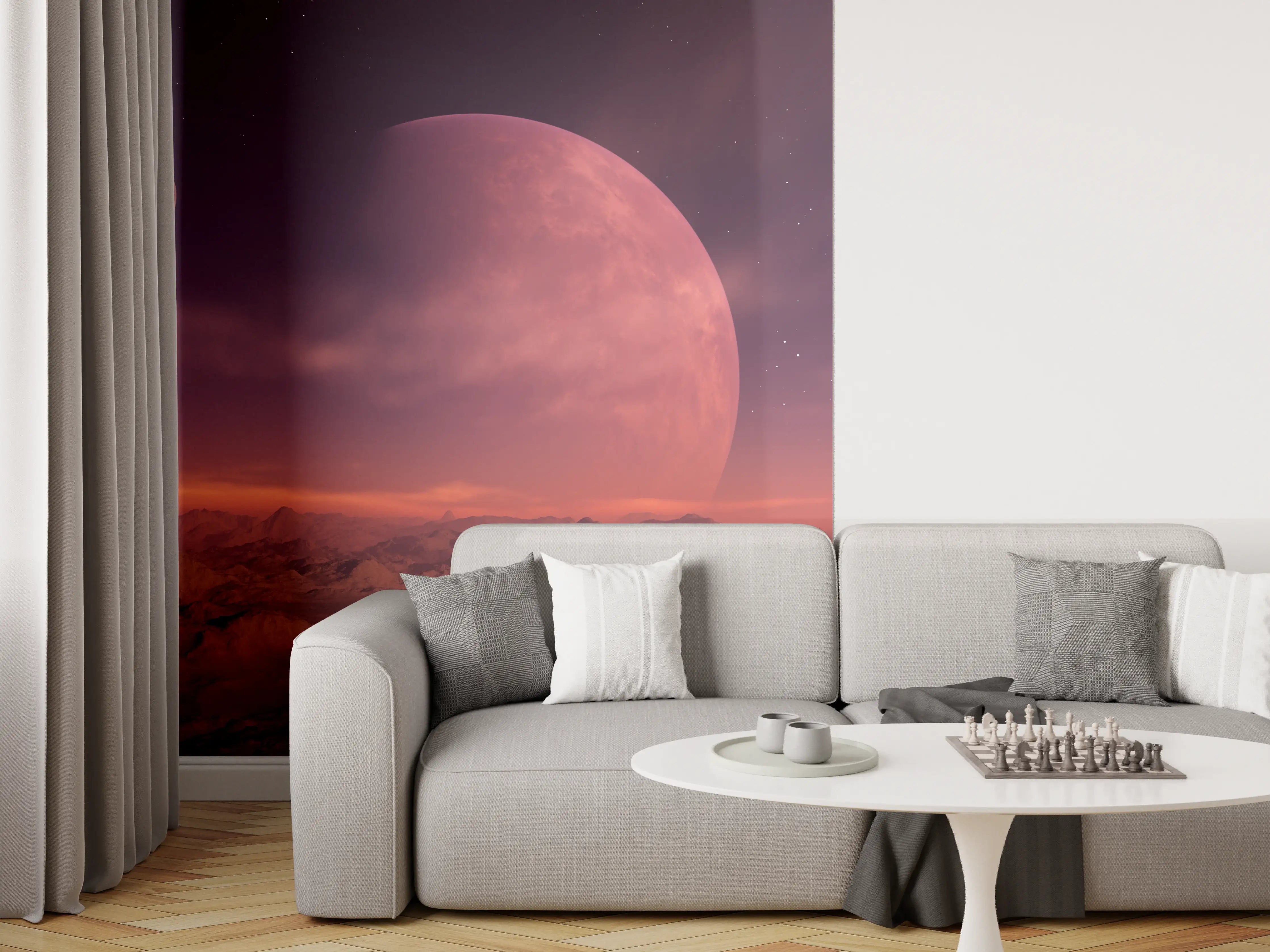 Wandverkleidung Wohnzimmer - Faszinierende Weltraumlandschaft mit zwei Planeten