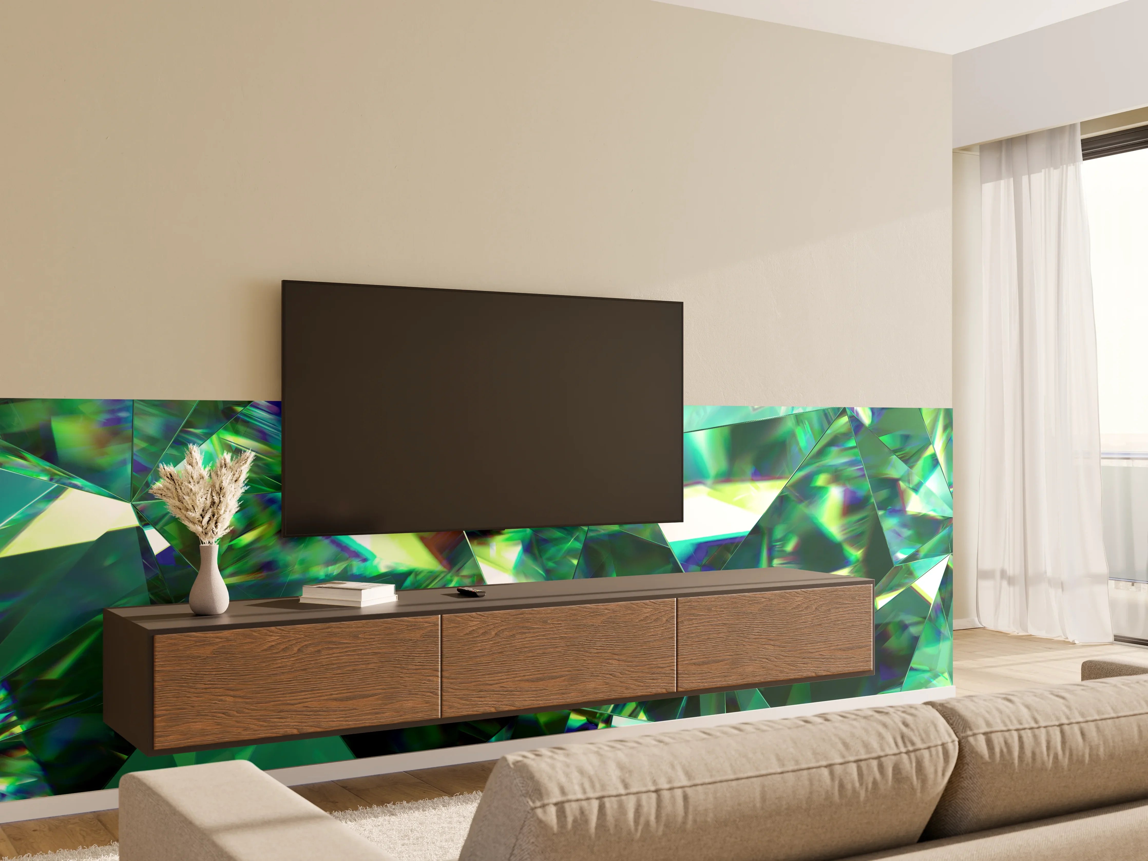 Wandverkleidung Wohnzimmer - Faszinierende holographische Kristallstruktur mit lebendigen Grün- und Blautönen