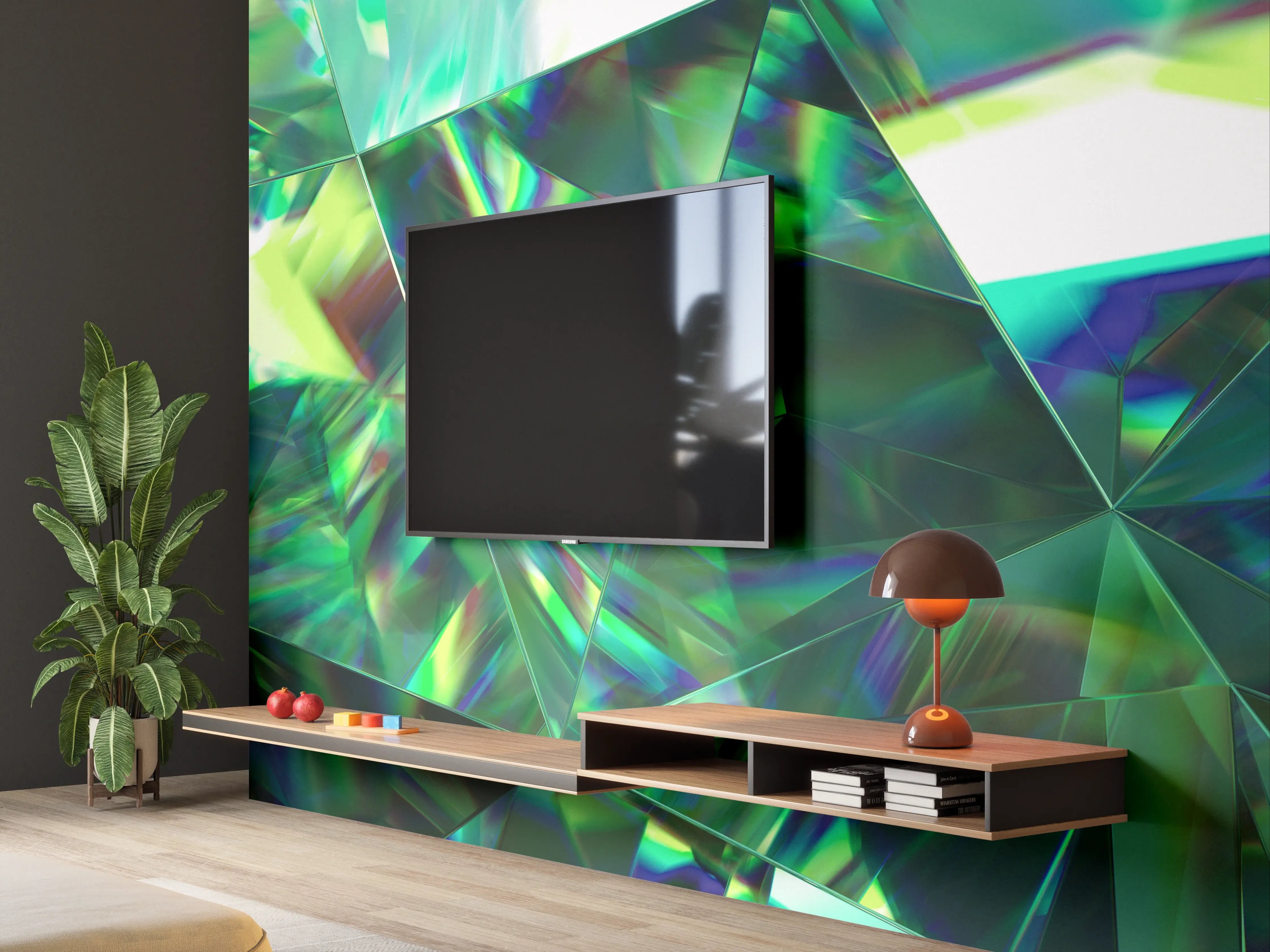 Wandverkleidung Wohnzimmer - Faszinierende holographische Kristallstruktur mit lebendigen Grün- und Blautönen