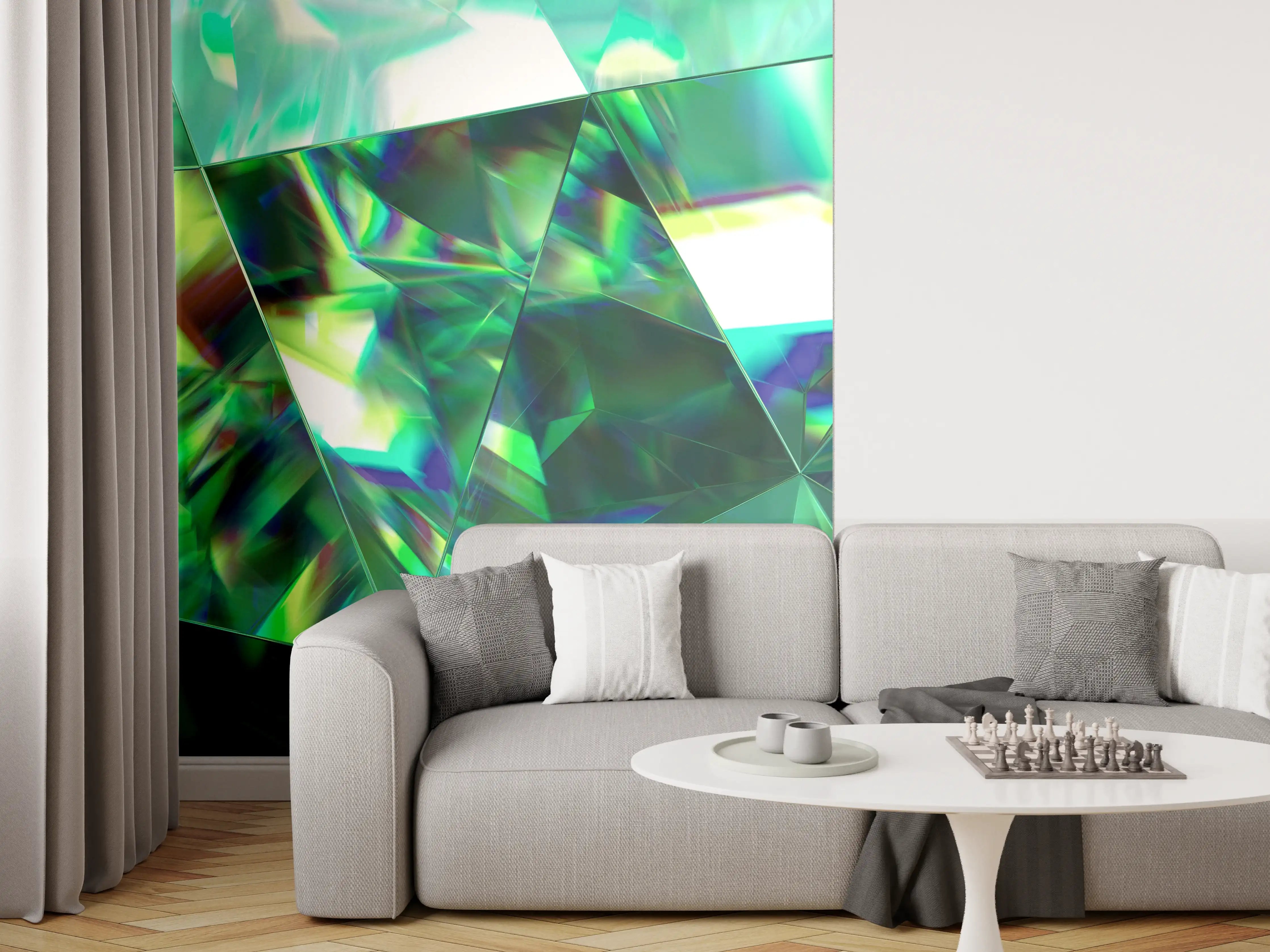 Wandverkleidung Wohnzimmer - Faszinierende holographische Kristallstruktur mit lebendigen Grün- und Blautönen