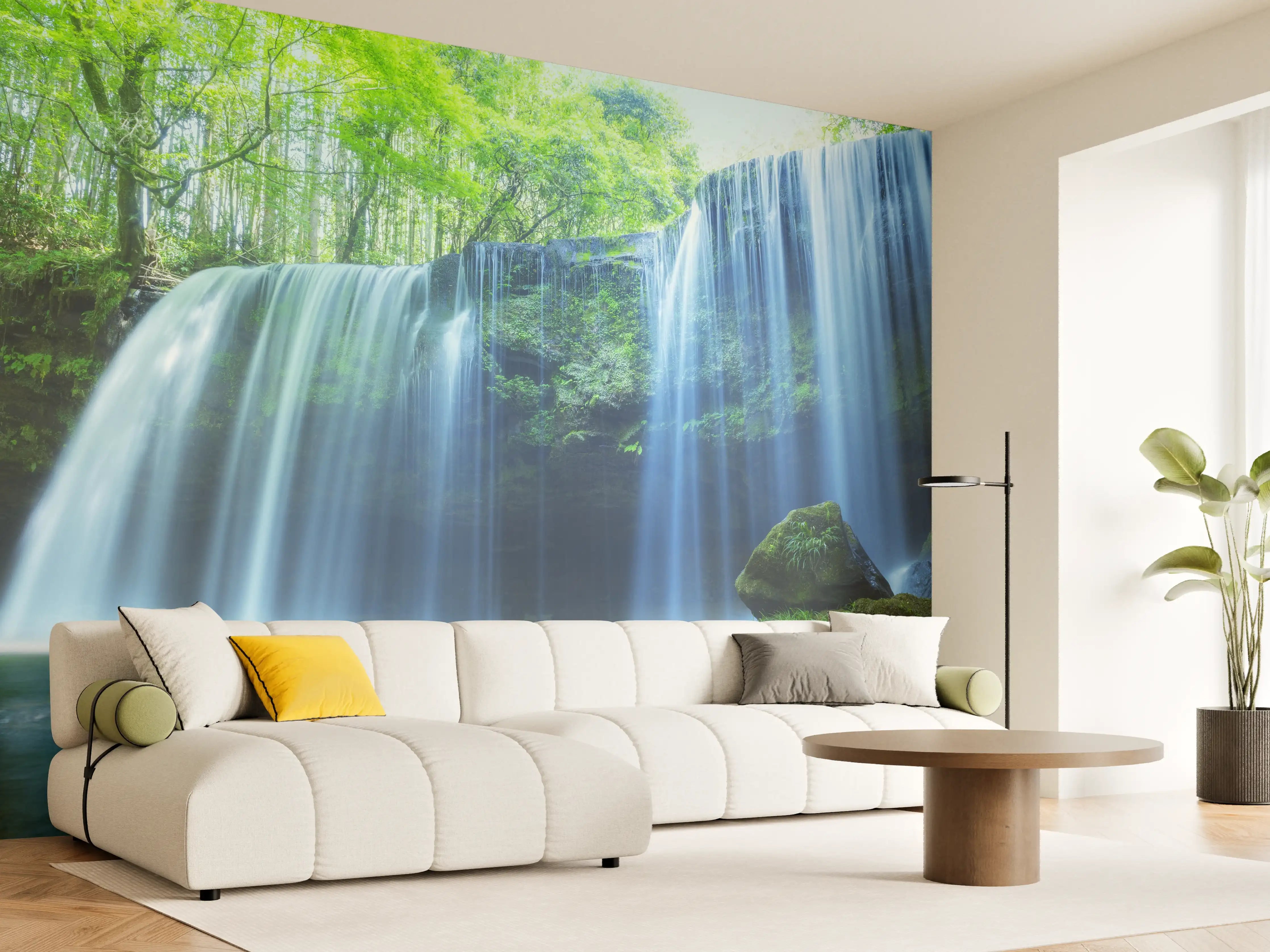 Wandverkleidung Wohnzimmer - Faszinierender Wasserfall inmitten eines grünen Waldes