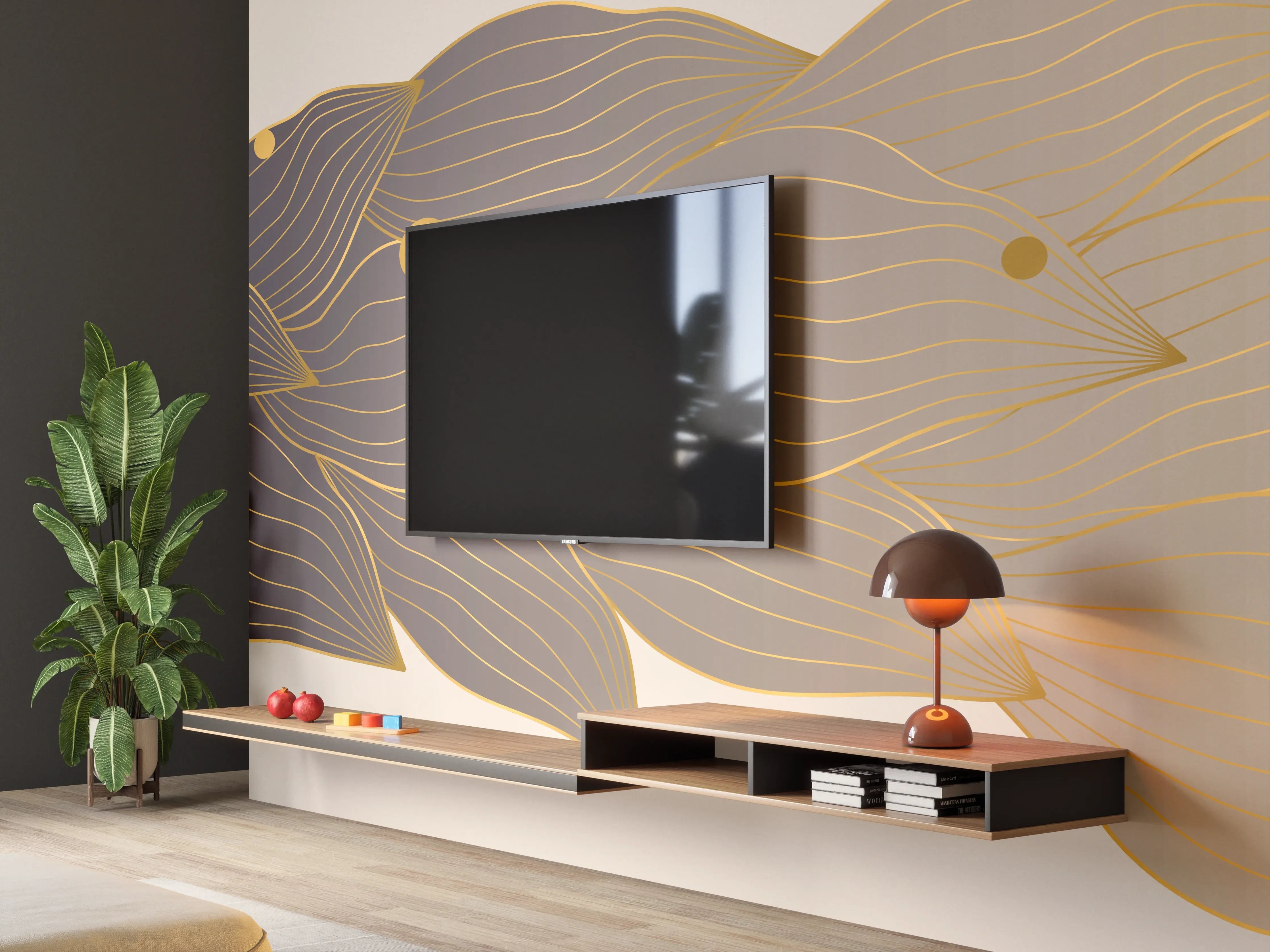 Wandverkleidung Wohnzimmer - Feine Goldlinien Kunst auf weißem Untergrund
