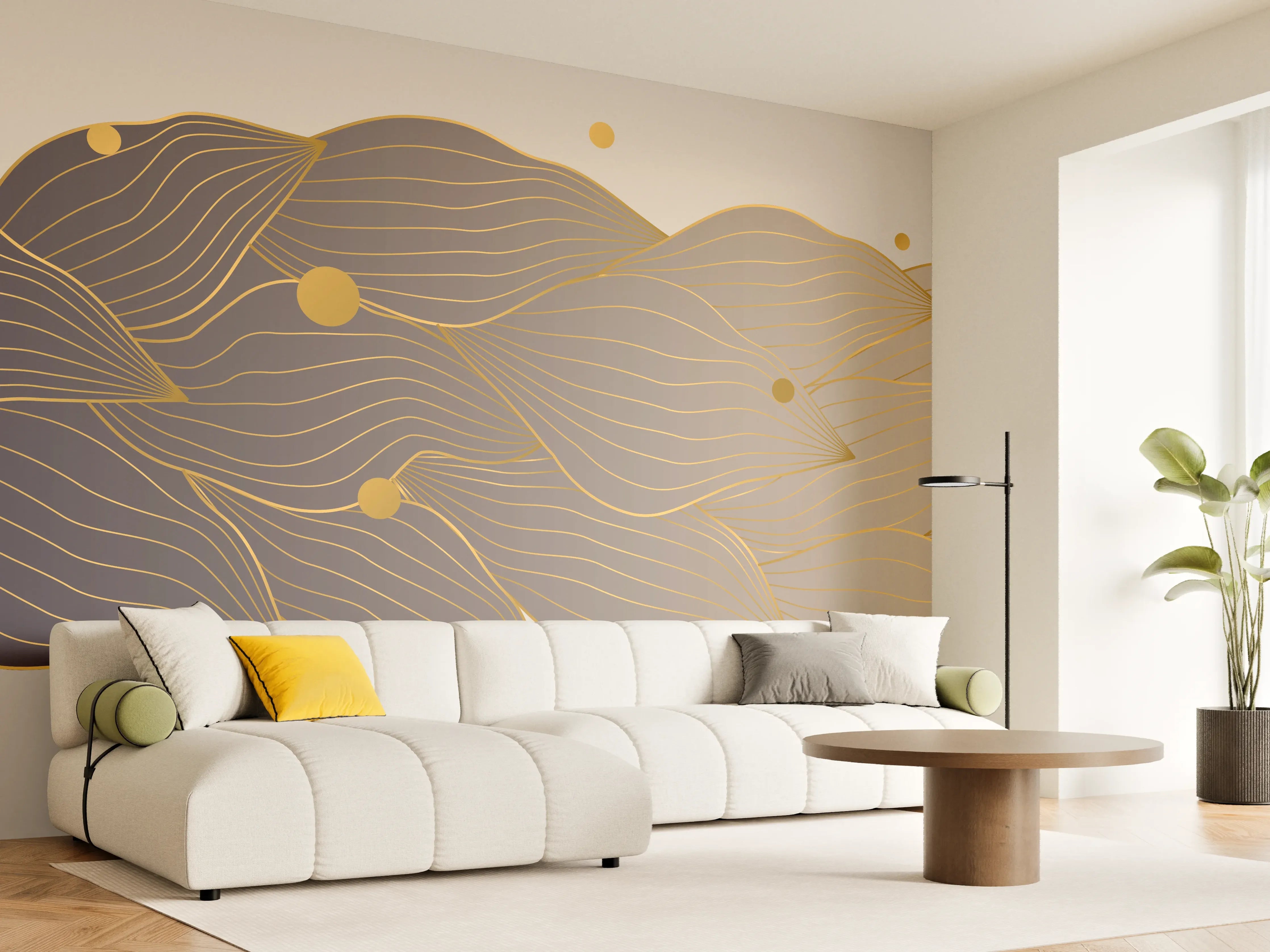 Wandverkleidung Wohnzimmer - Feine Goldlinien Kunst auf weißem Untergrund