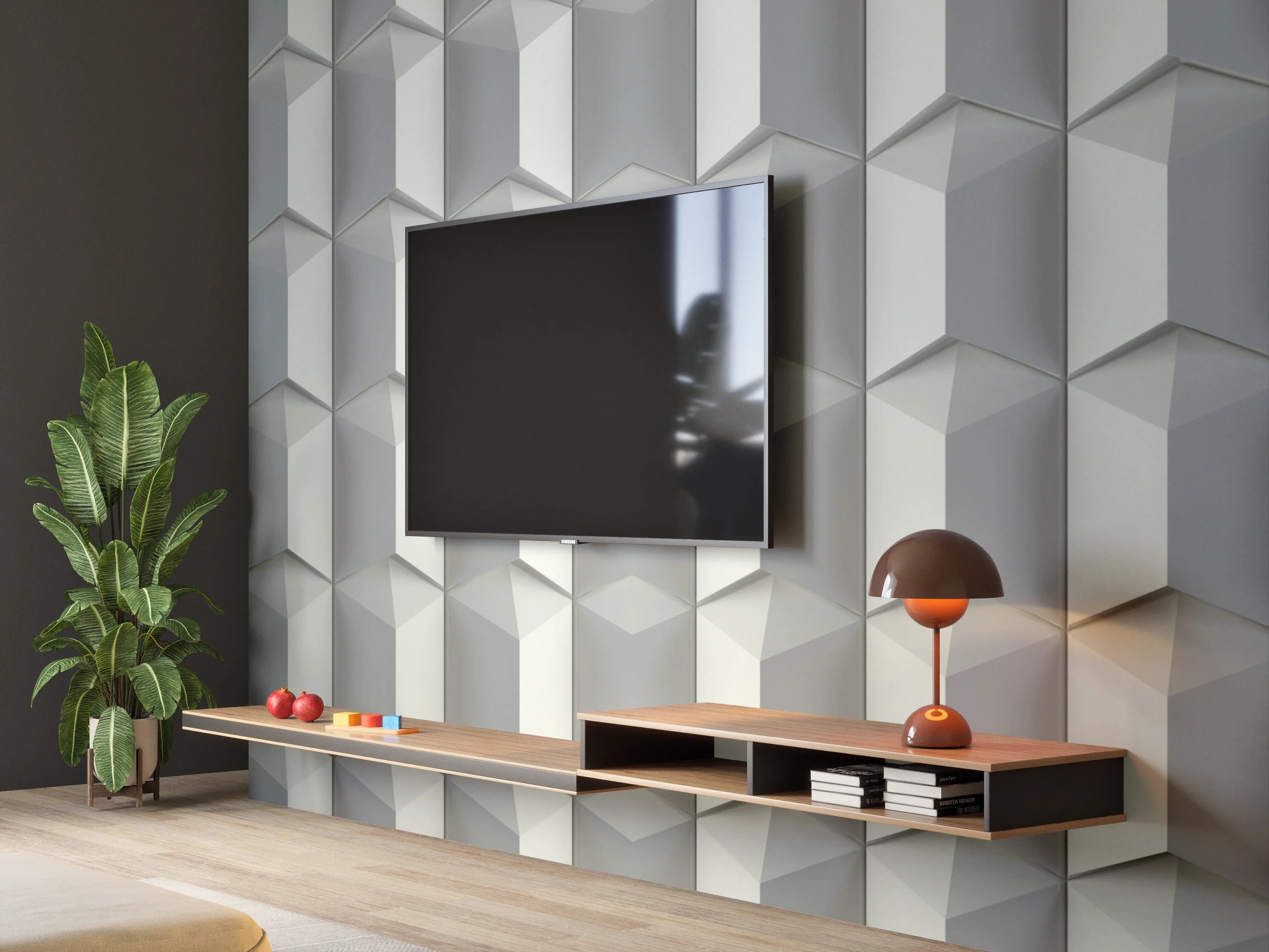 Wandverkleidung Wohnzimmer - Feines Weiß mit subtilen Graunuancen: Geometrisches Muster