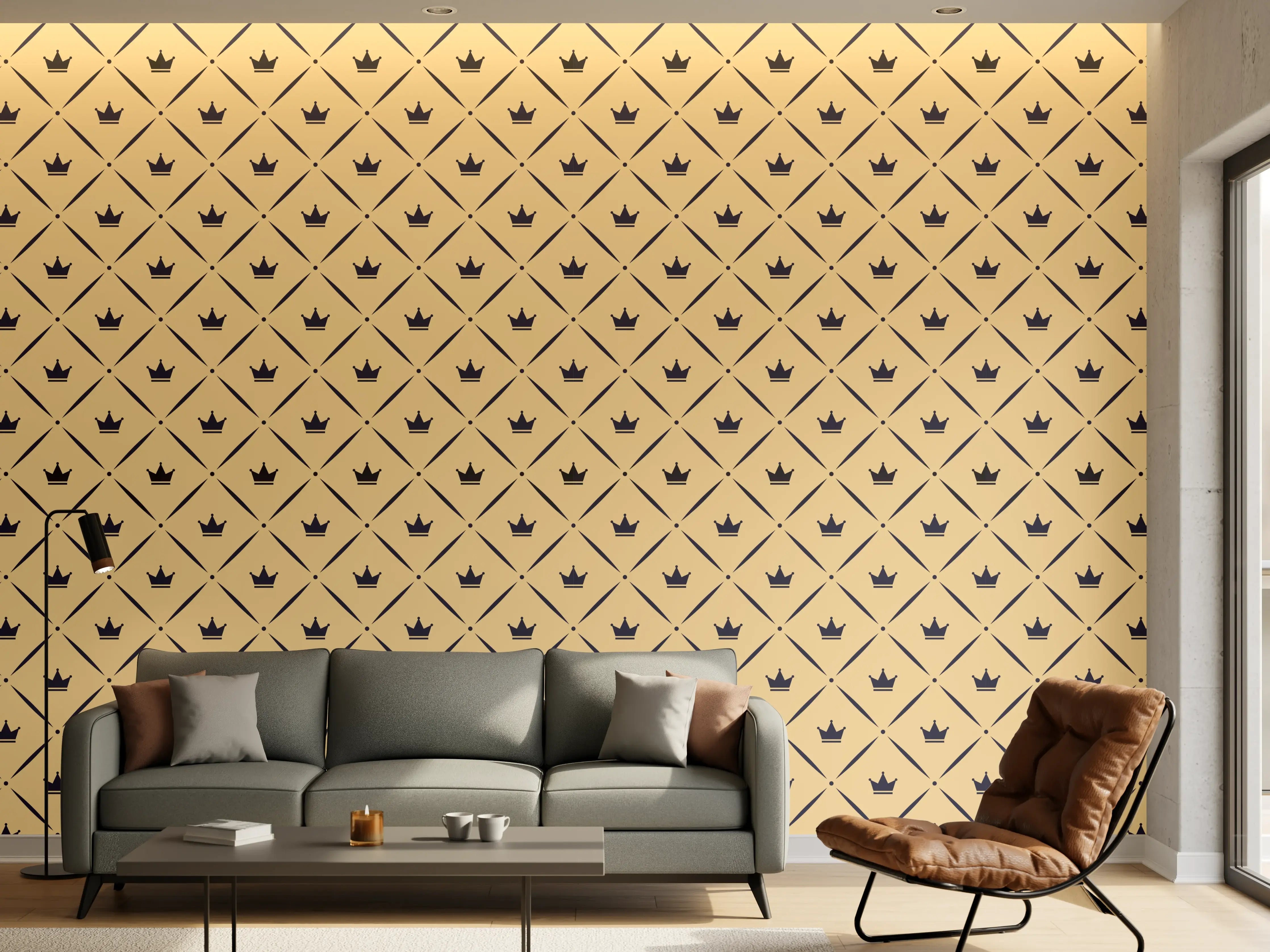 Wandverkleidung Wohnzimmer - Feines geometrisches Muster in Gold und Grautönen