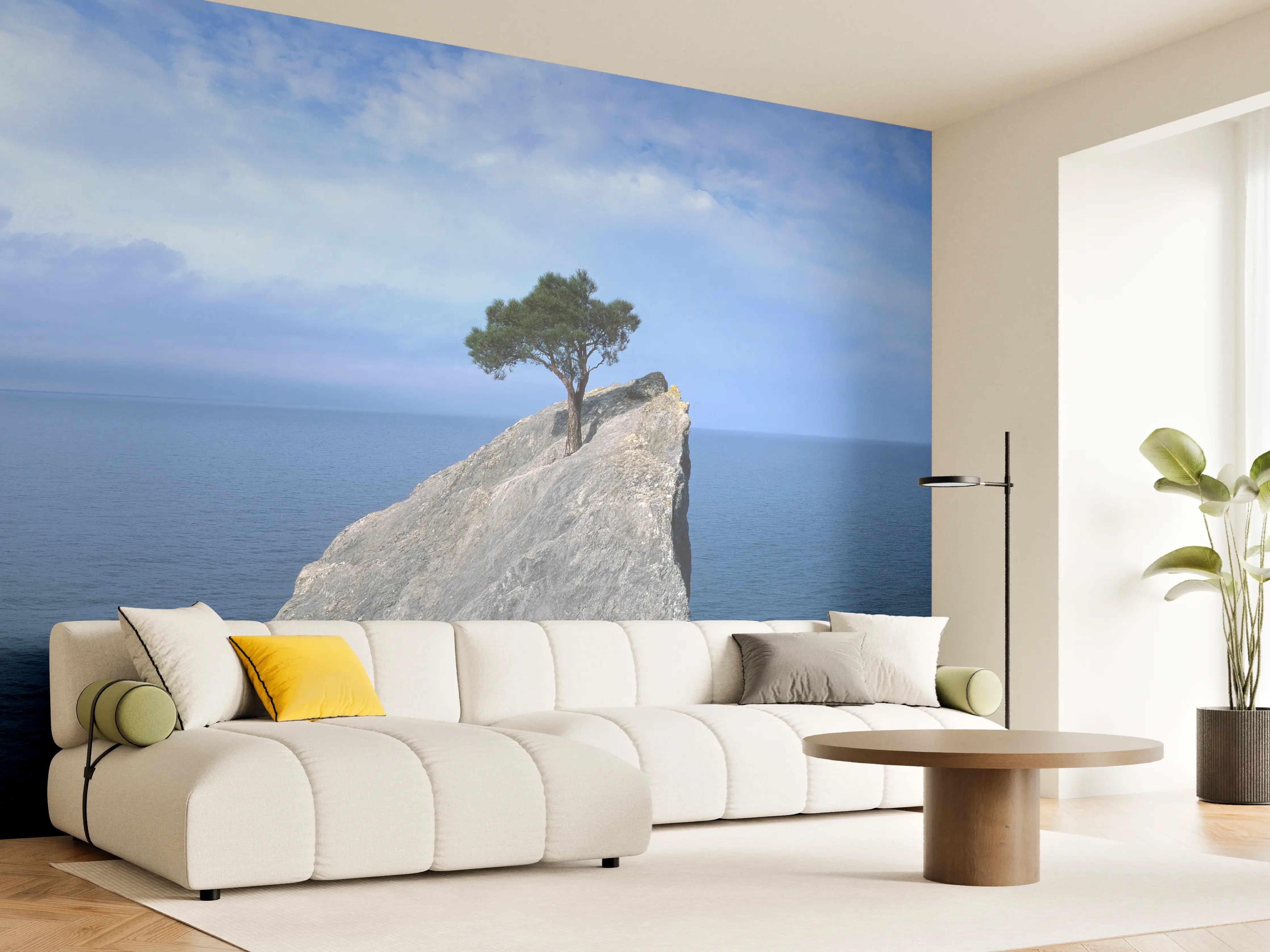 Wandverkleidung Wohnzimmer - Felsen mit Baum vor Meer bei schönem Himmel