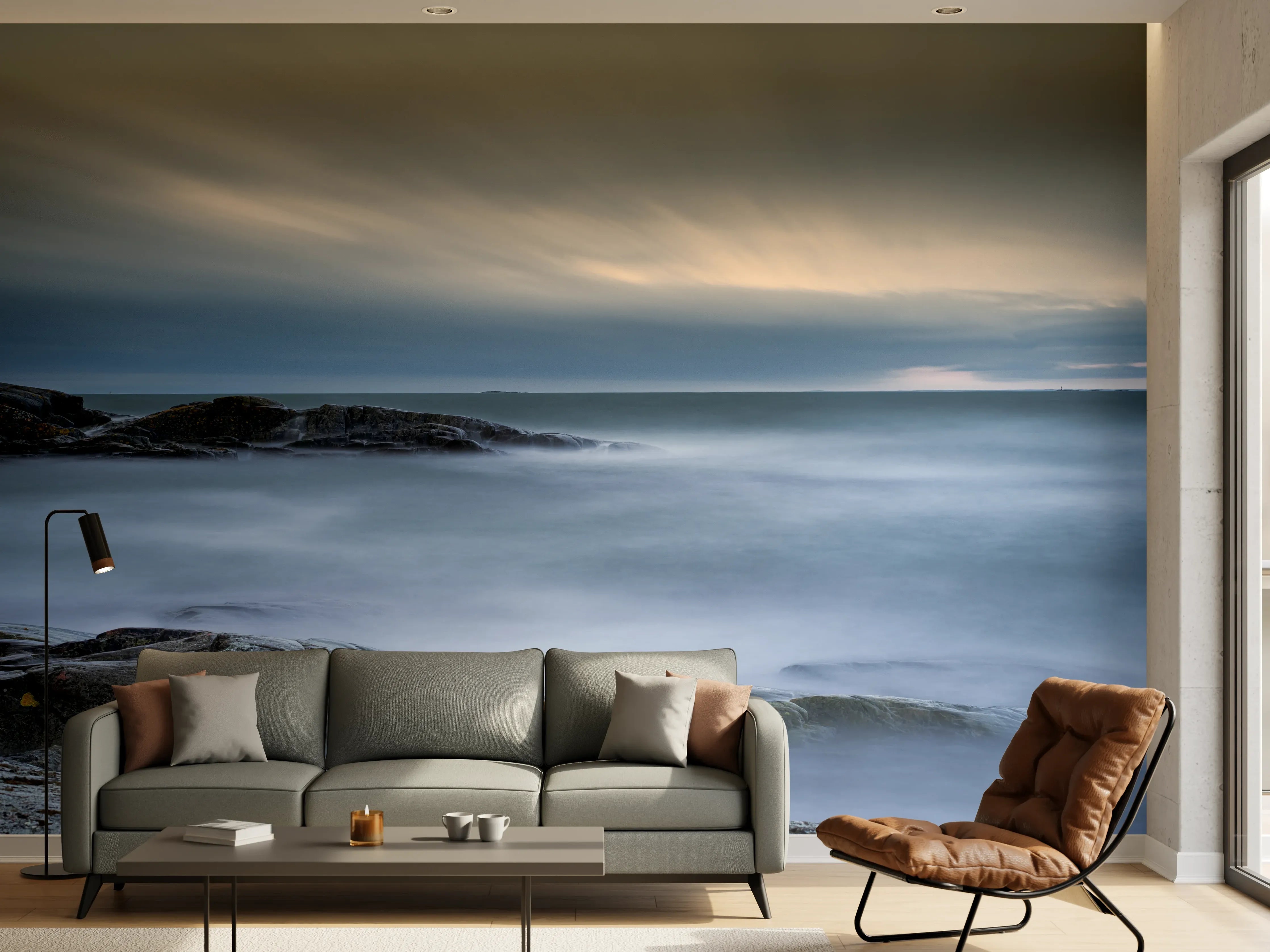 Wandverkleidung Wohnzimmer - Felsiger & Nebliger Strand auf mit schöner Meer Landschaft