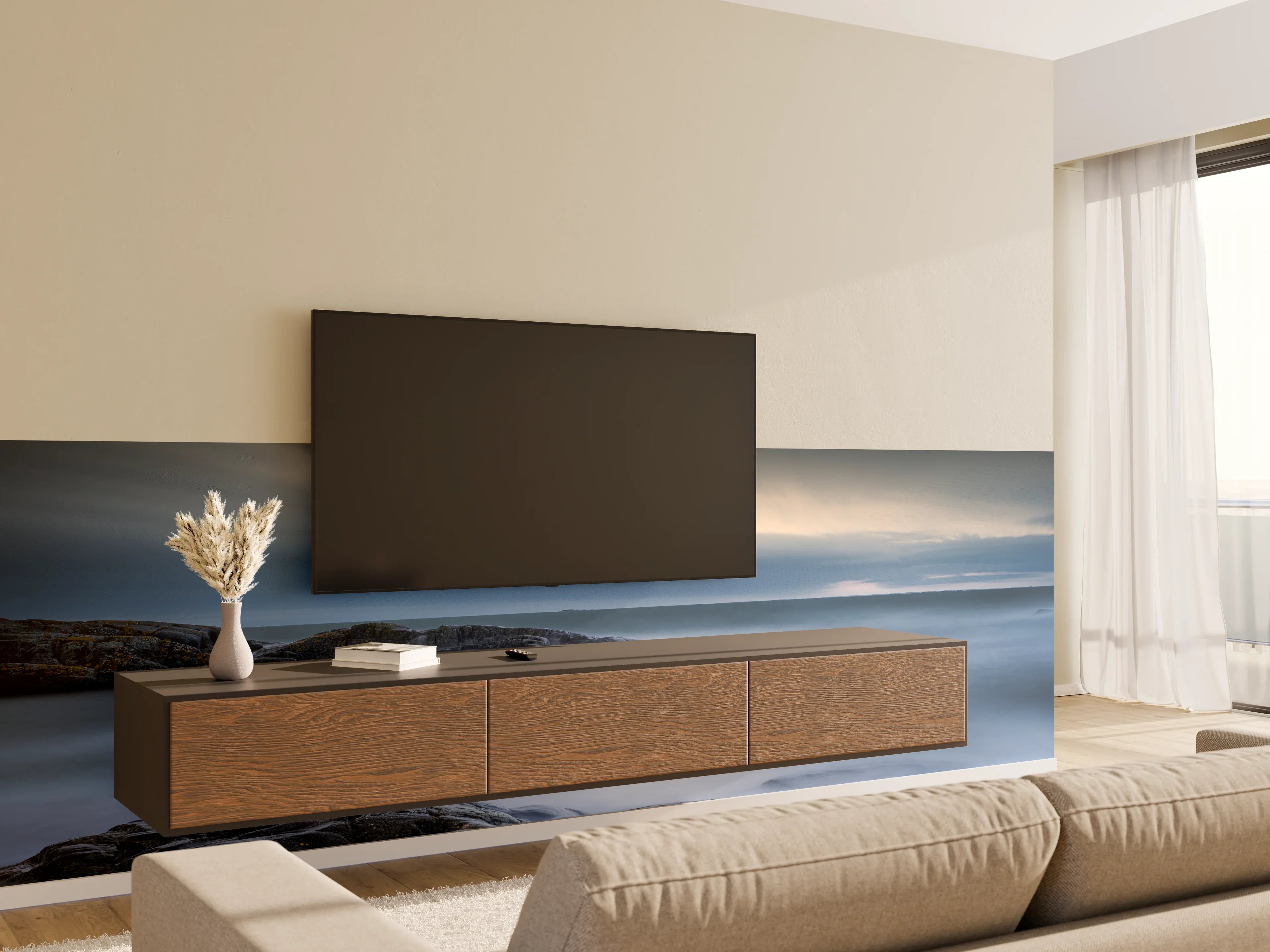 Wandverkleidung Wohnzimmer - Felsiger & Nebliger Strand auf mit schöner Meer Landschaft