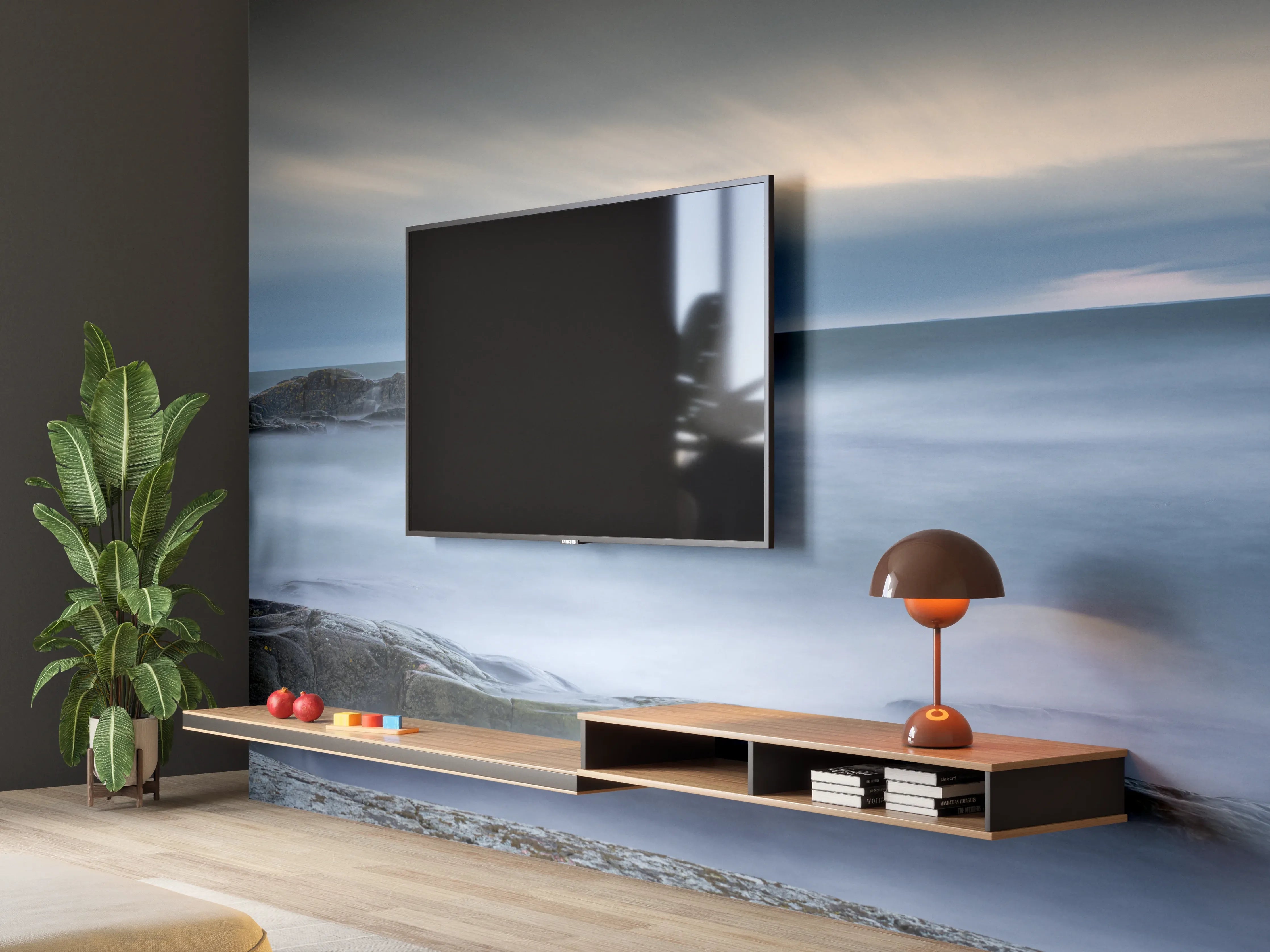 Wandverkleidung Wohnzimmer - Felsiger & Nebliger Strand auf mit schöner Meer Landschaft