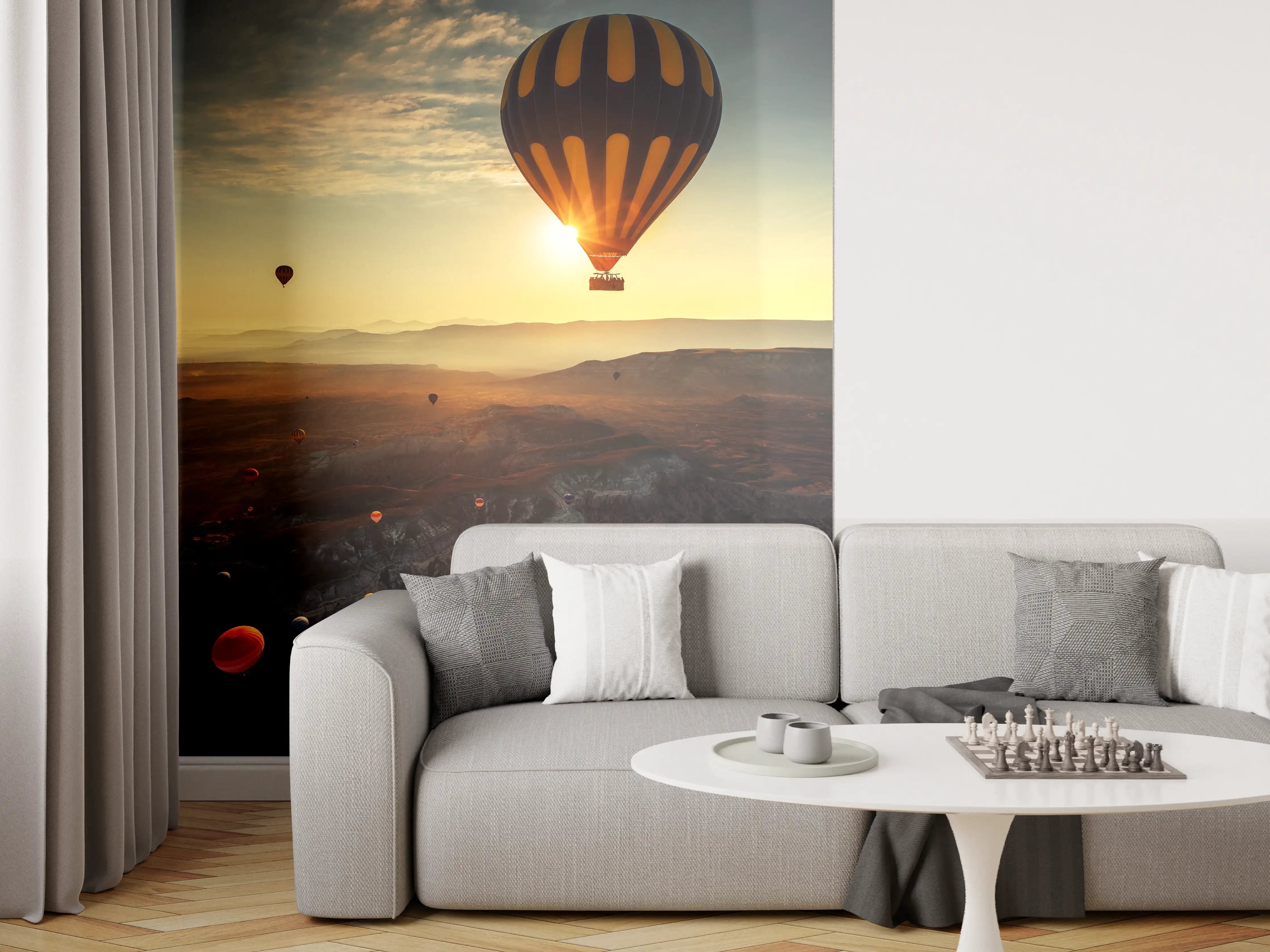 Wandverkleidung Wohnzimmer - Fesselnder Sonnenuntergang mit Heißluftballons