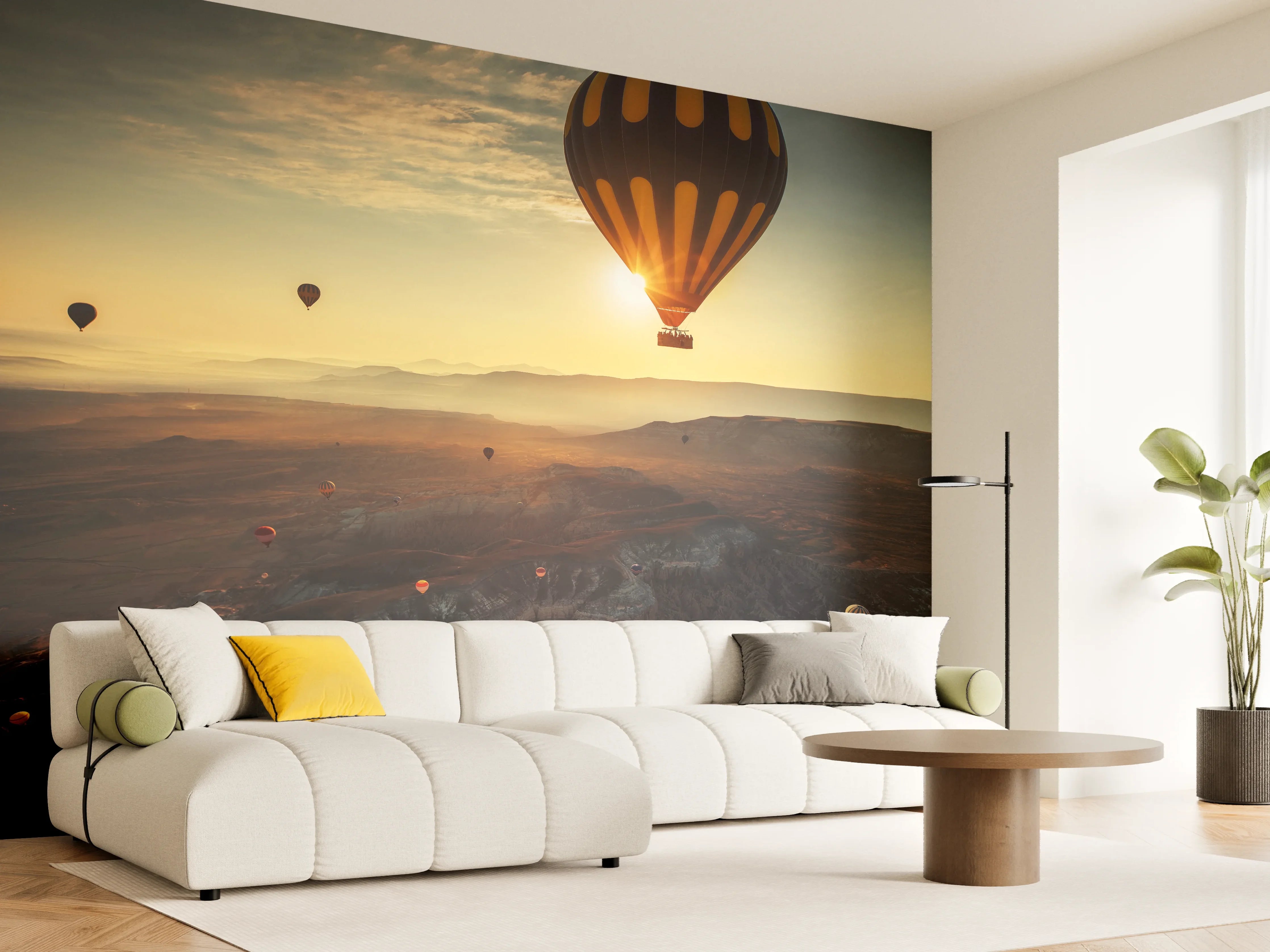 Wandverkleidung Wohnzimmer - Fesselnder Sonnenuntergang mit Heißluftballons
