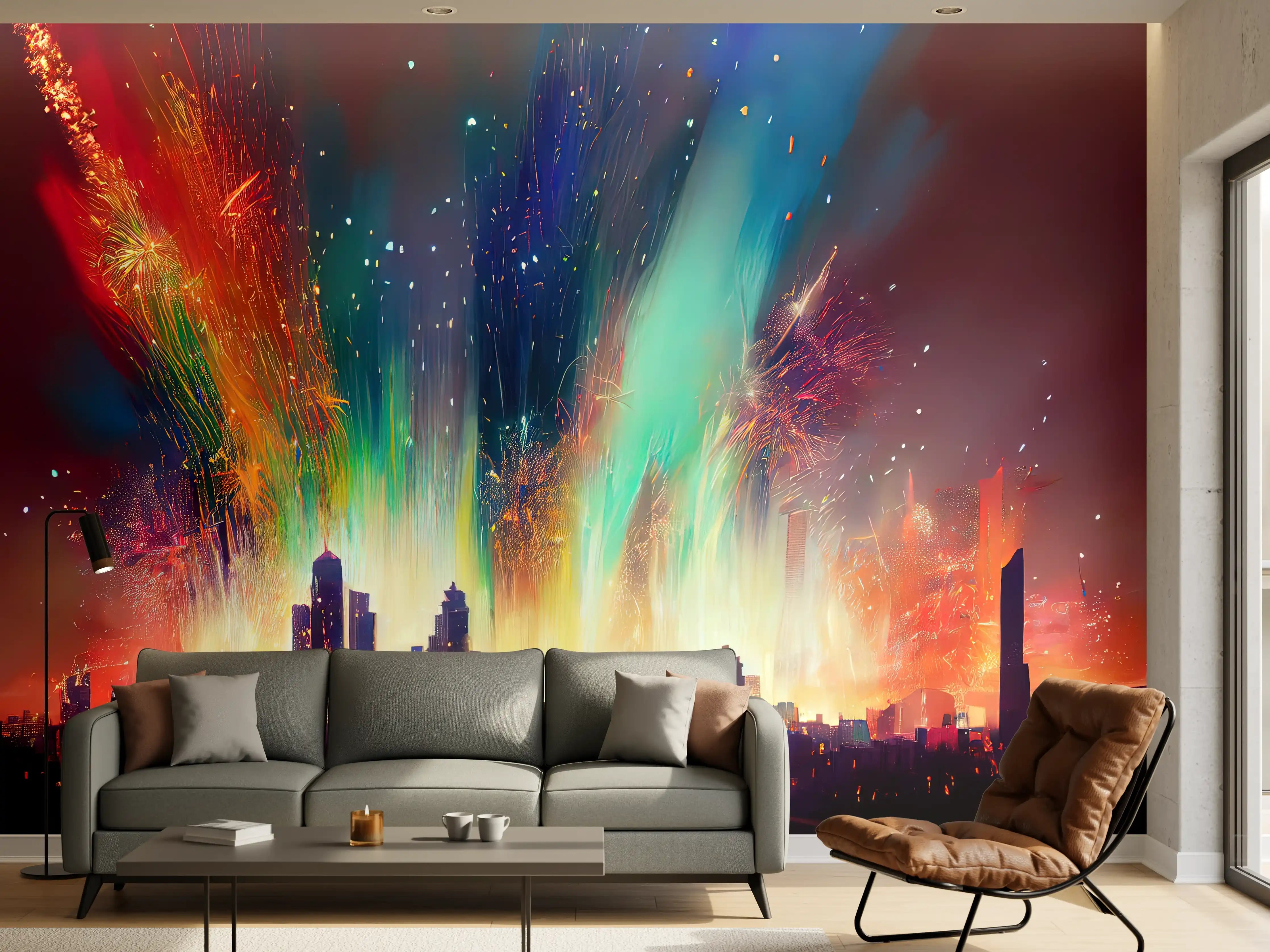 Wandverkleidung Wohnzimmer - Feuerwerk über Stadt bei Nacht - Illustration