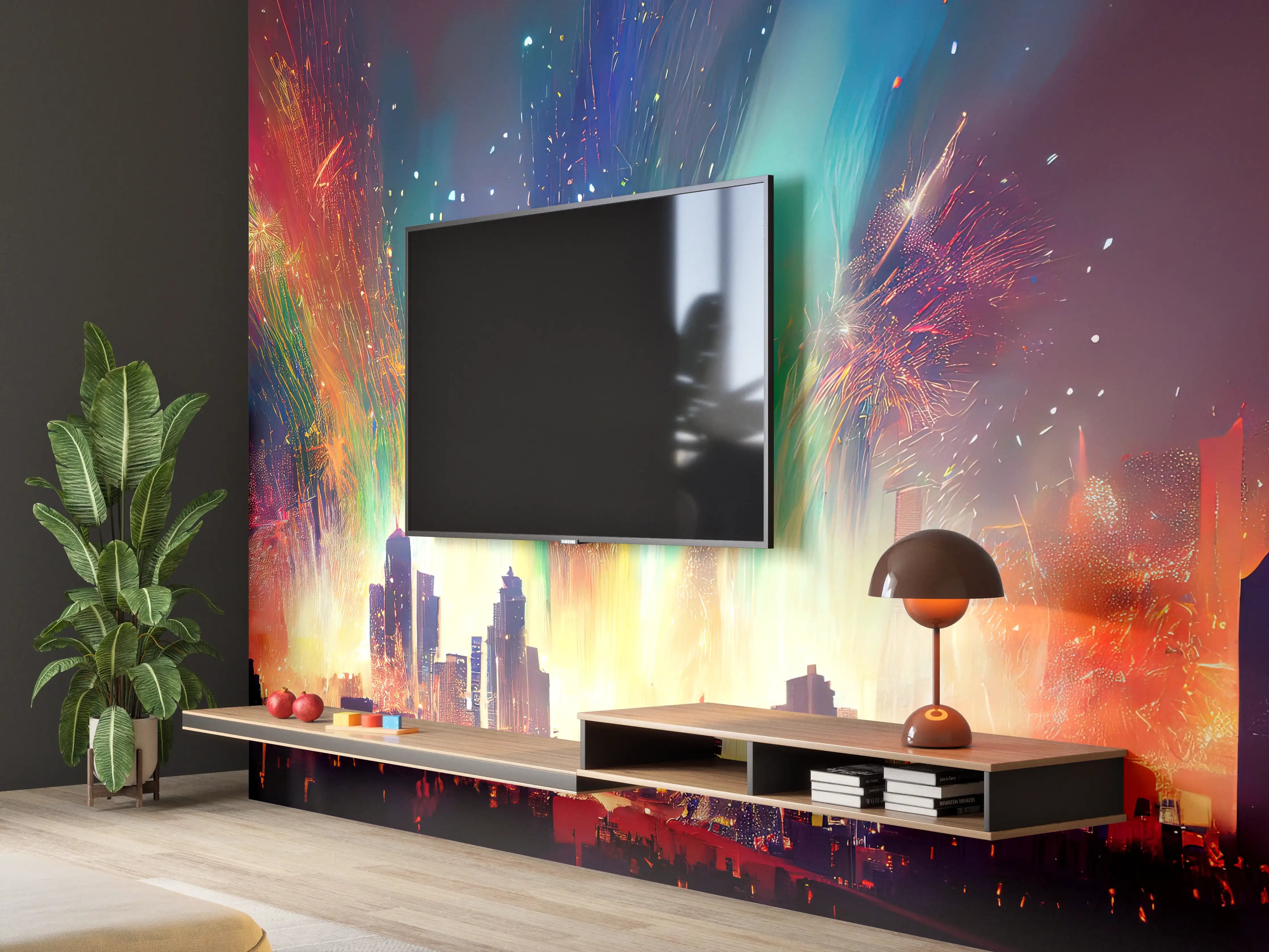 Wandverkleidung Wohnzimmer - Feuerwerk über Stadt bei Nacht - Illustration