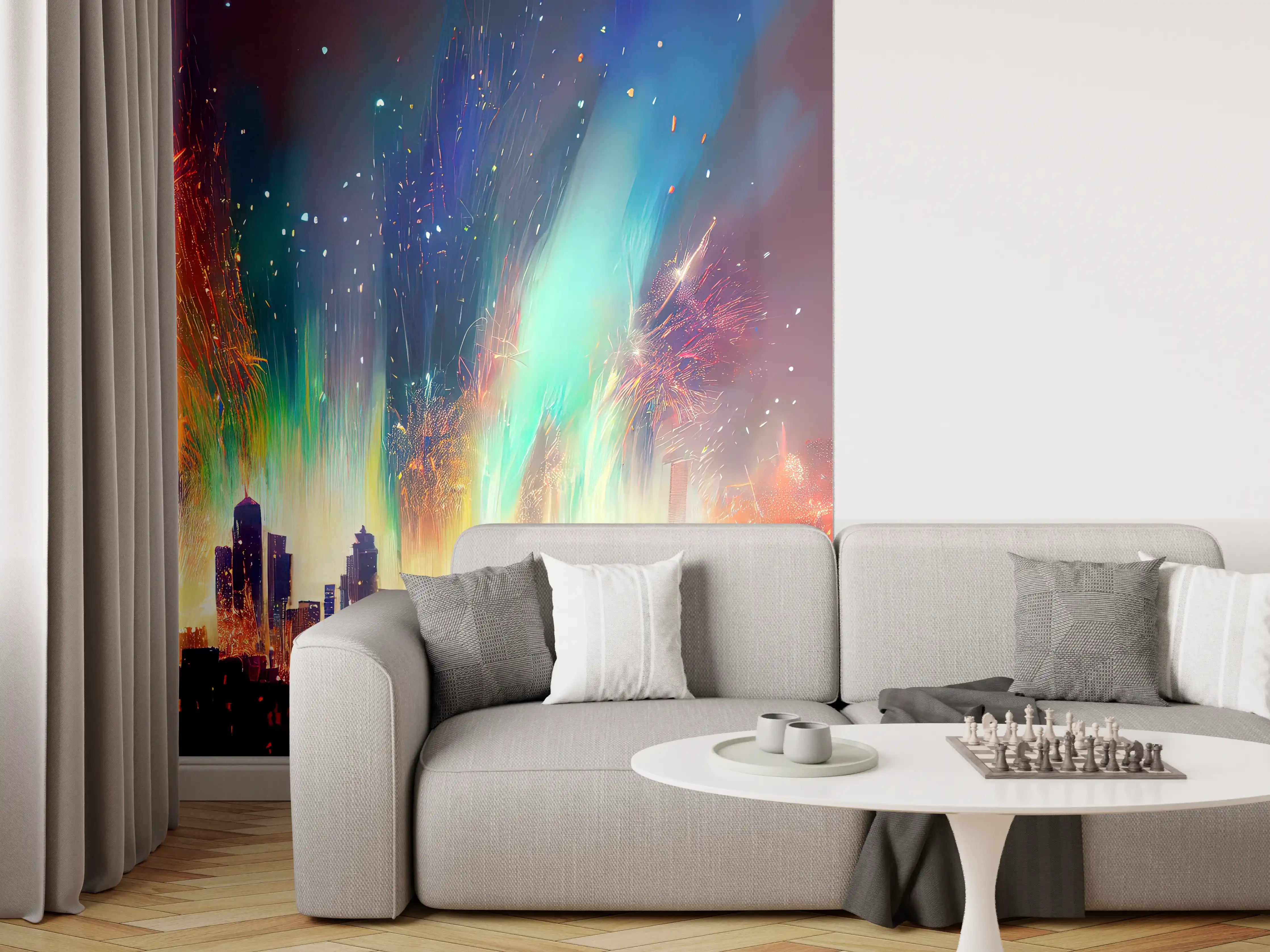Wandverkleidung Wohnzimmer - Feuerwerk über Stadt bei Nacht - Illustration