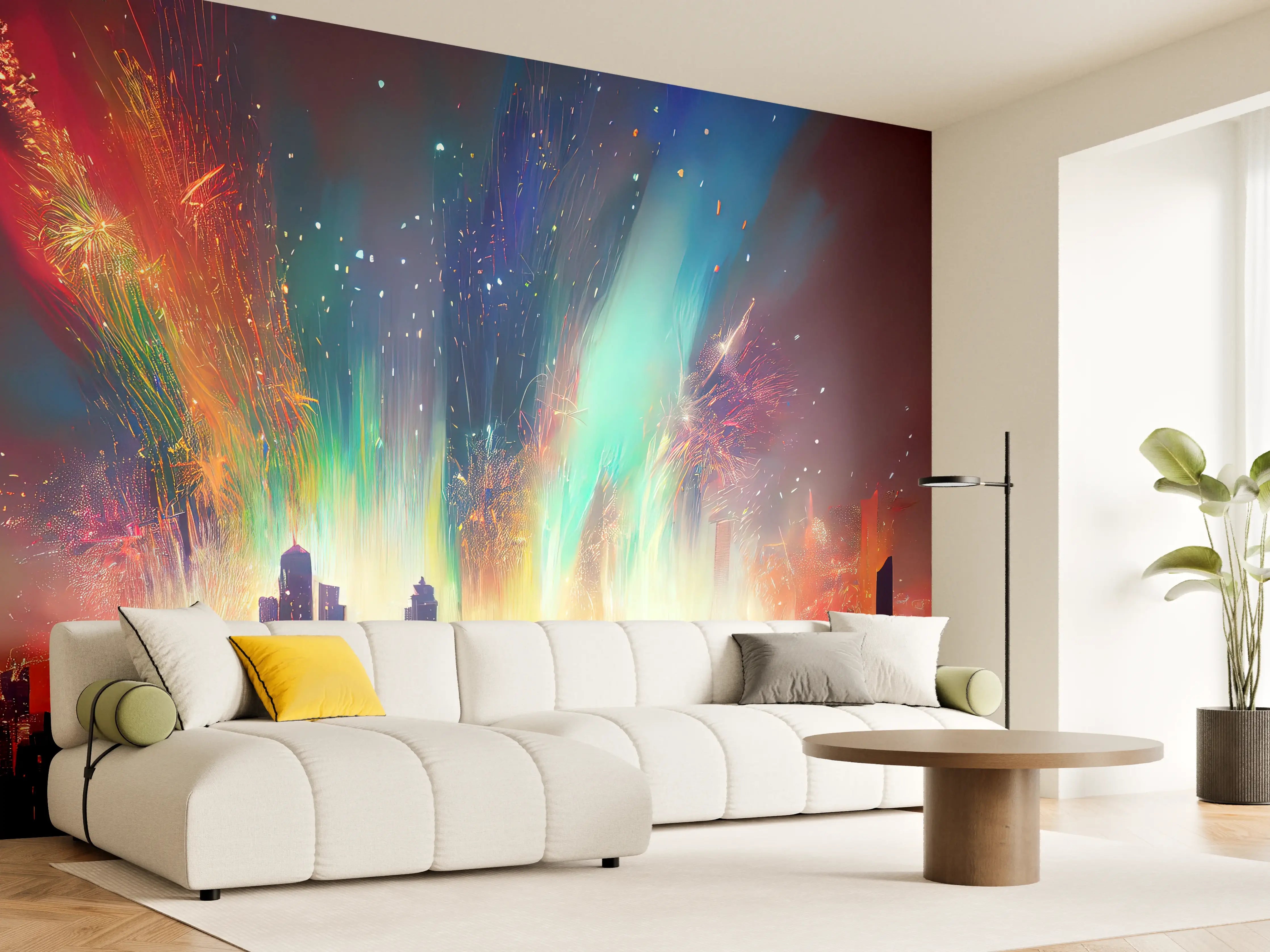 Wandverkleidung Wohnzimmer - Feuerwerk über Stadt bei Nacht - Illustration