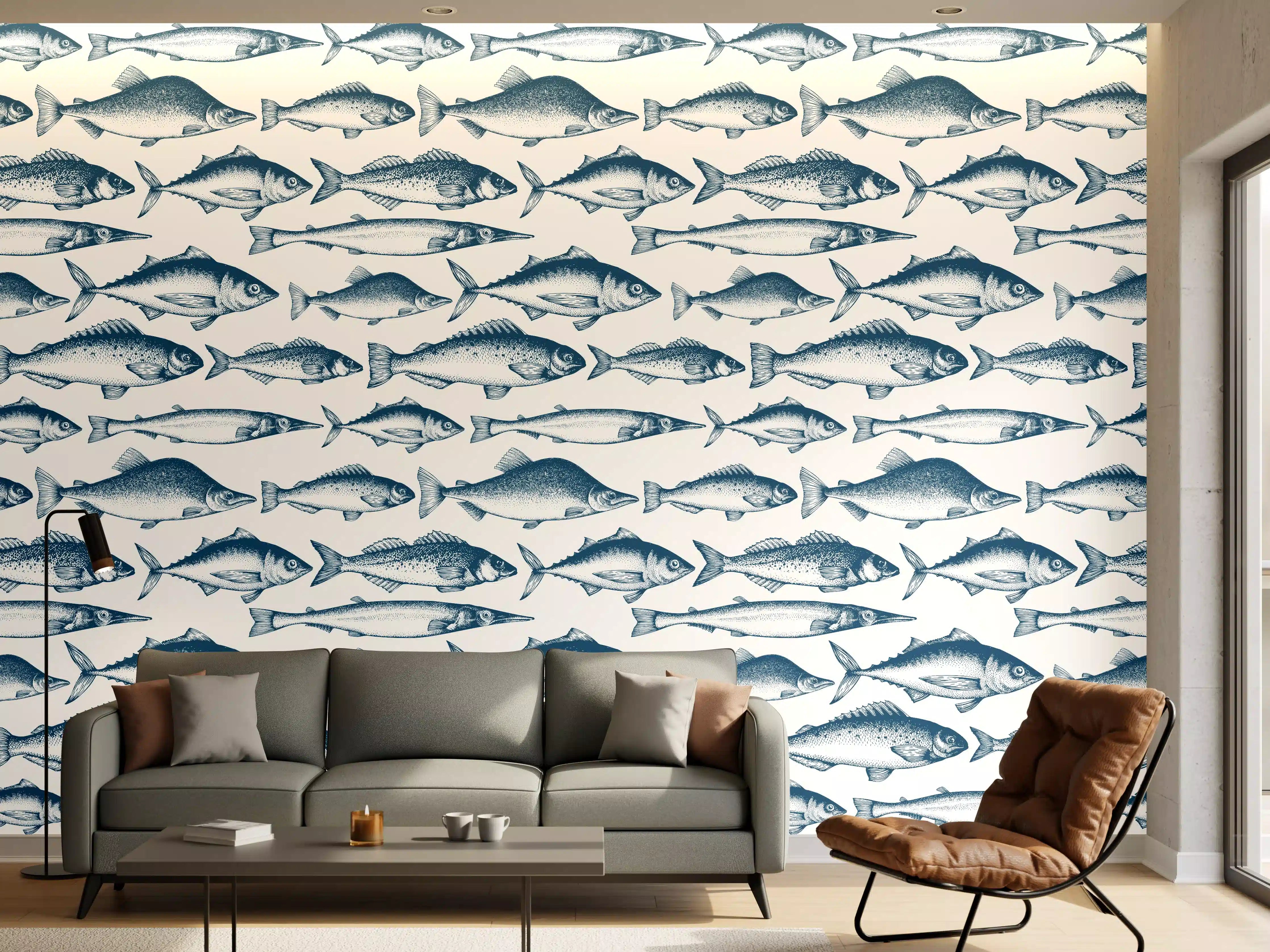 Wandverkleidung Wohnzimmer - Fisch-Design in Blau und Weiß