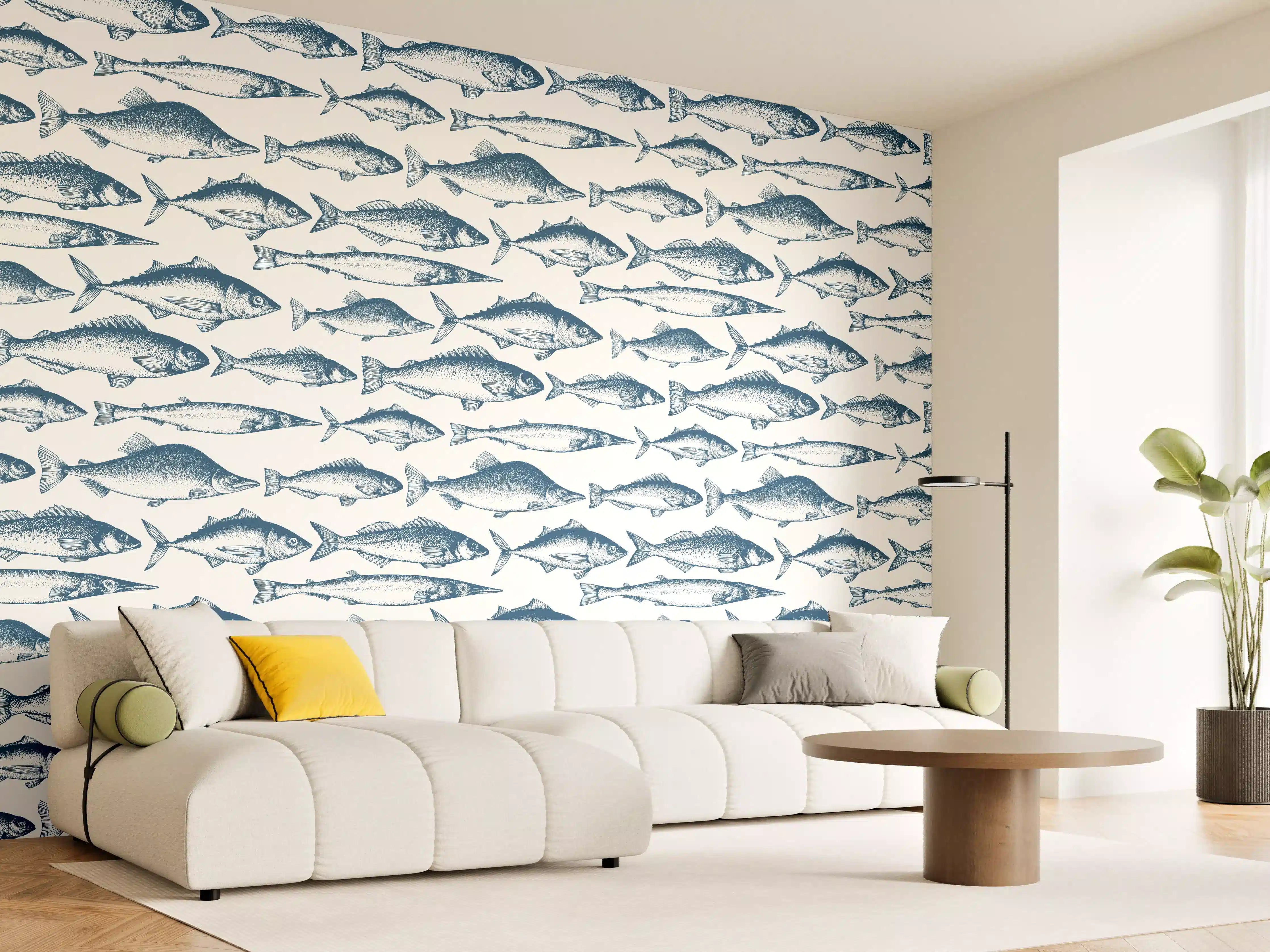 Wandverkleidung Wohnzimmer - Fisch-Design in Blau und Weiß