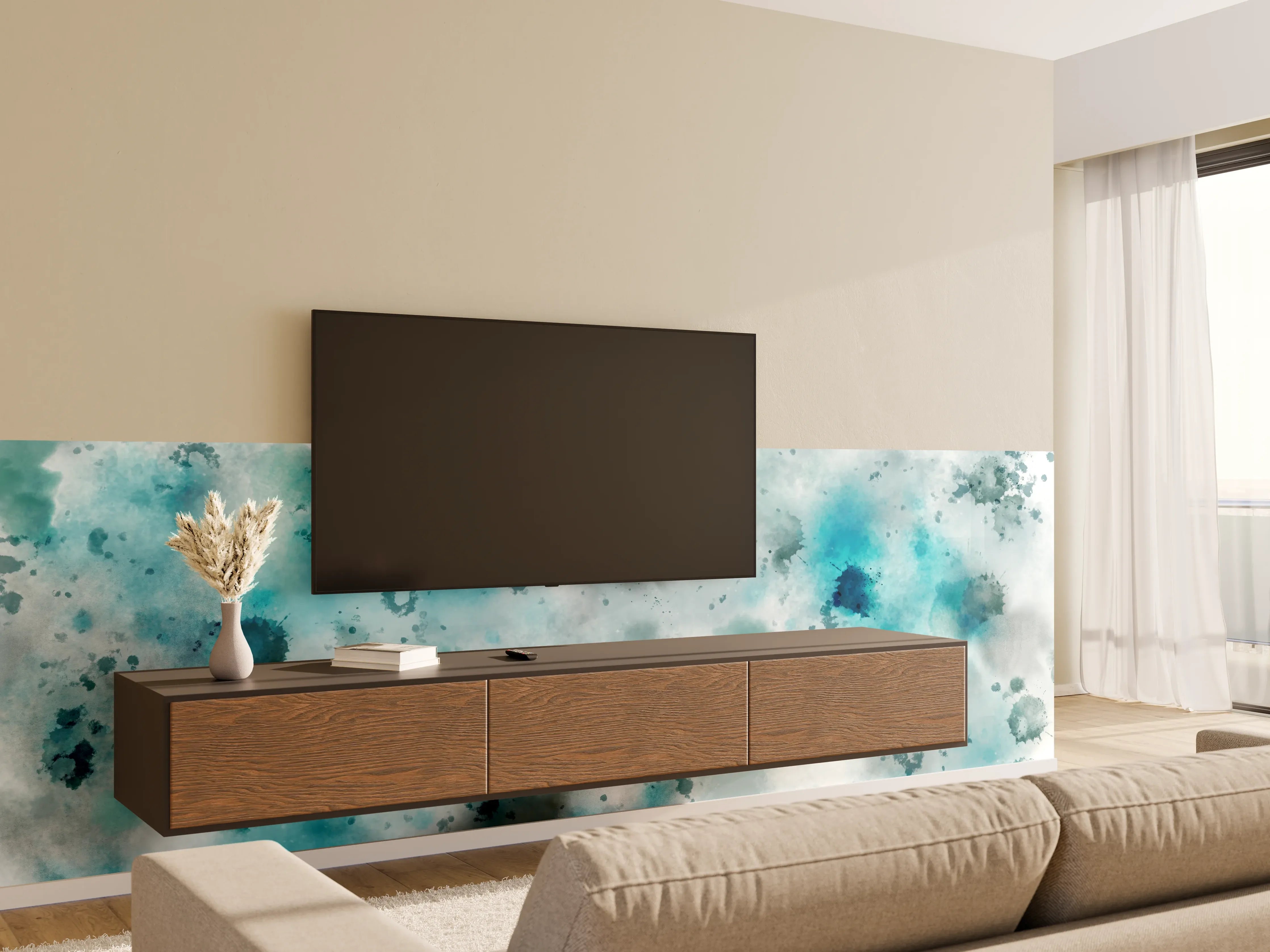 Wandverkleidung Wohnzimmer - Flecken auf türkisfarbenen Aquarellhintergrund