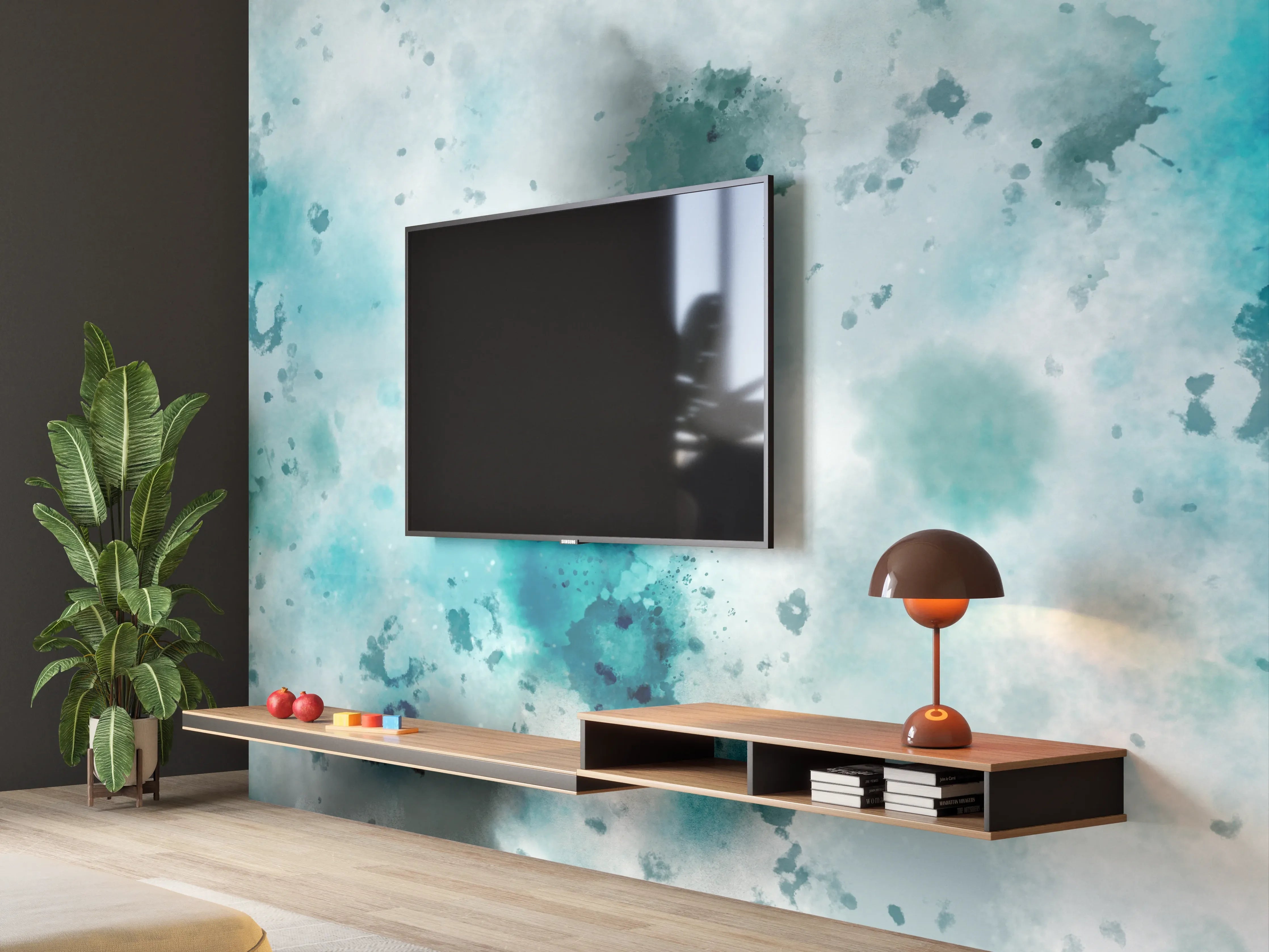 Wandverkleidung Wohnzimmer - Flecken auf türkisfarbenen Aquarellhintergrund