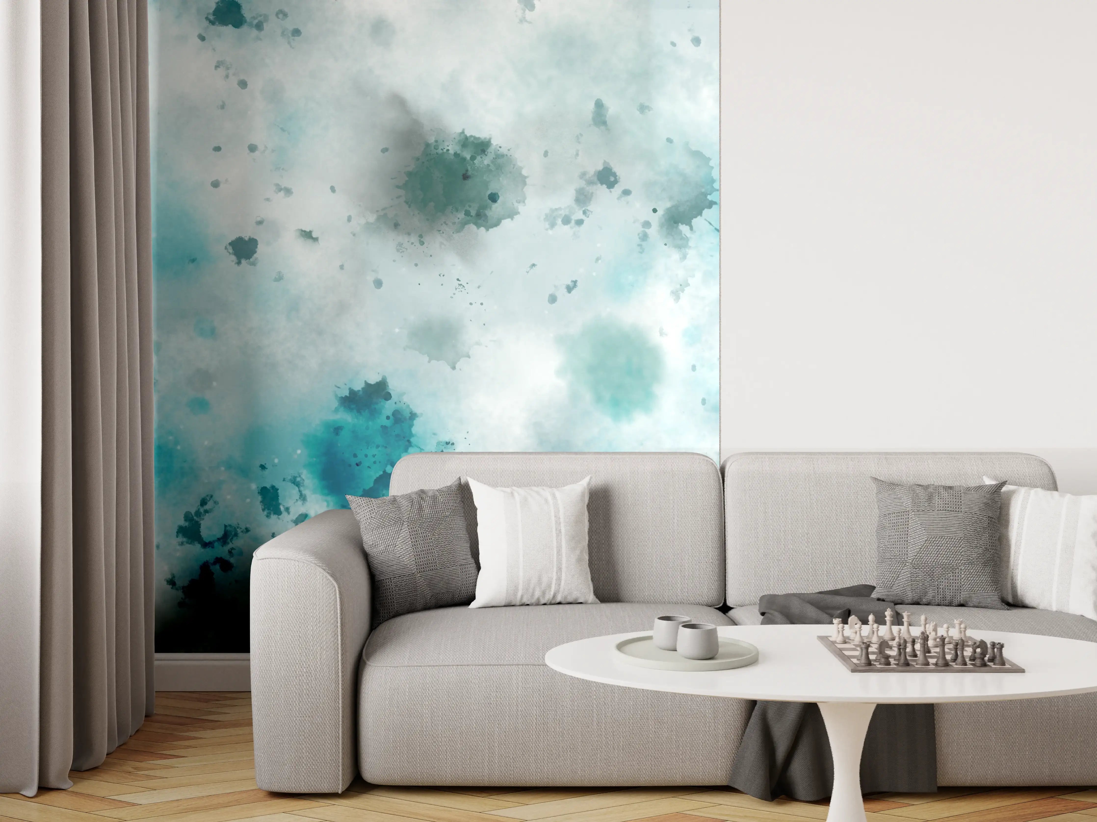Wandverkleidung Wohnzimmer - Flecken auf türkisfarbenen Aquarellhintergrund