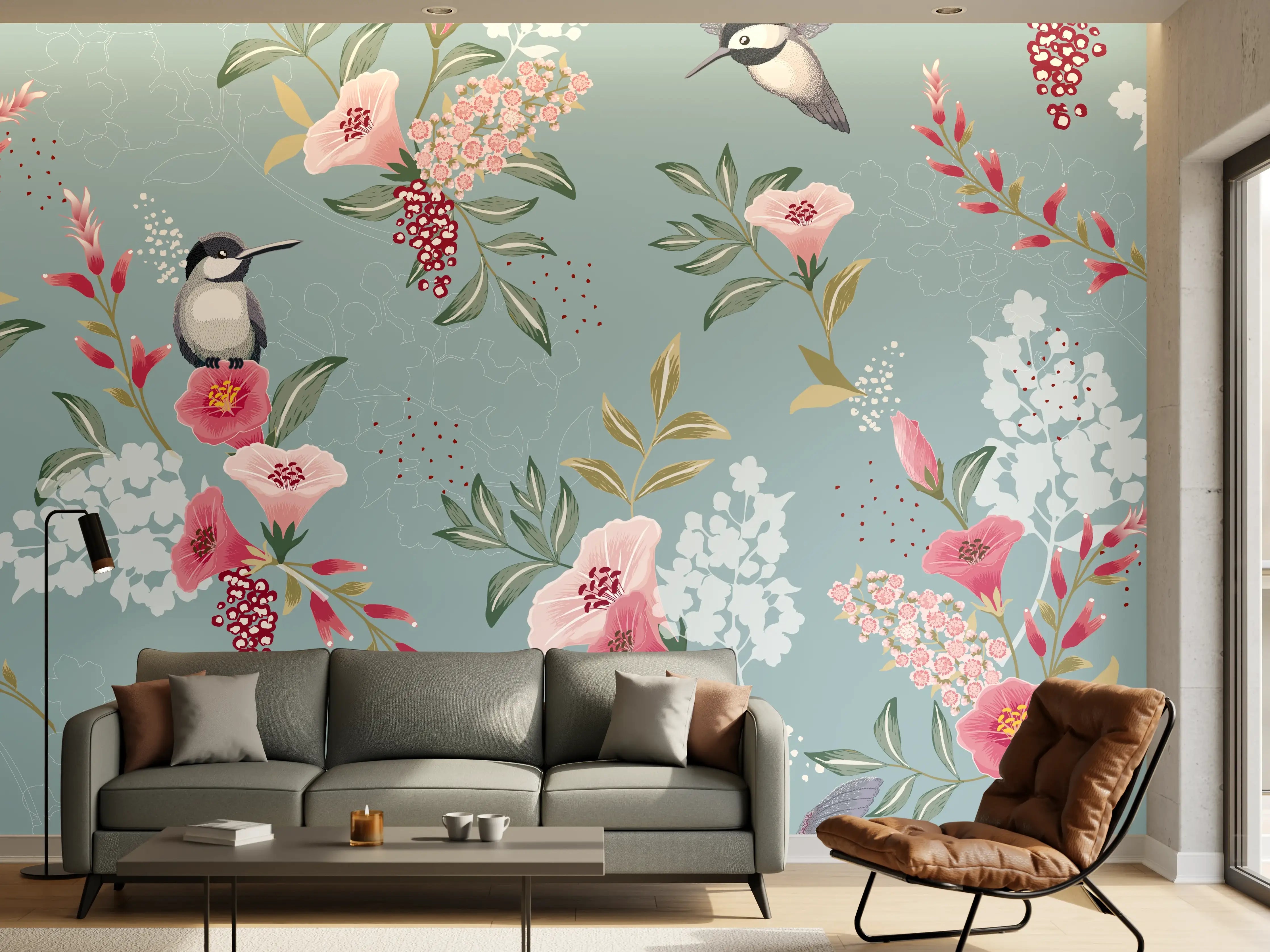 Wandverkleidung Wohnzimmer - Floral-Bird-Muster Blaugrau