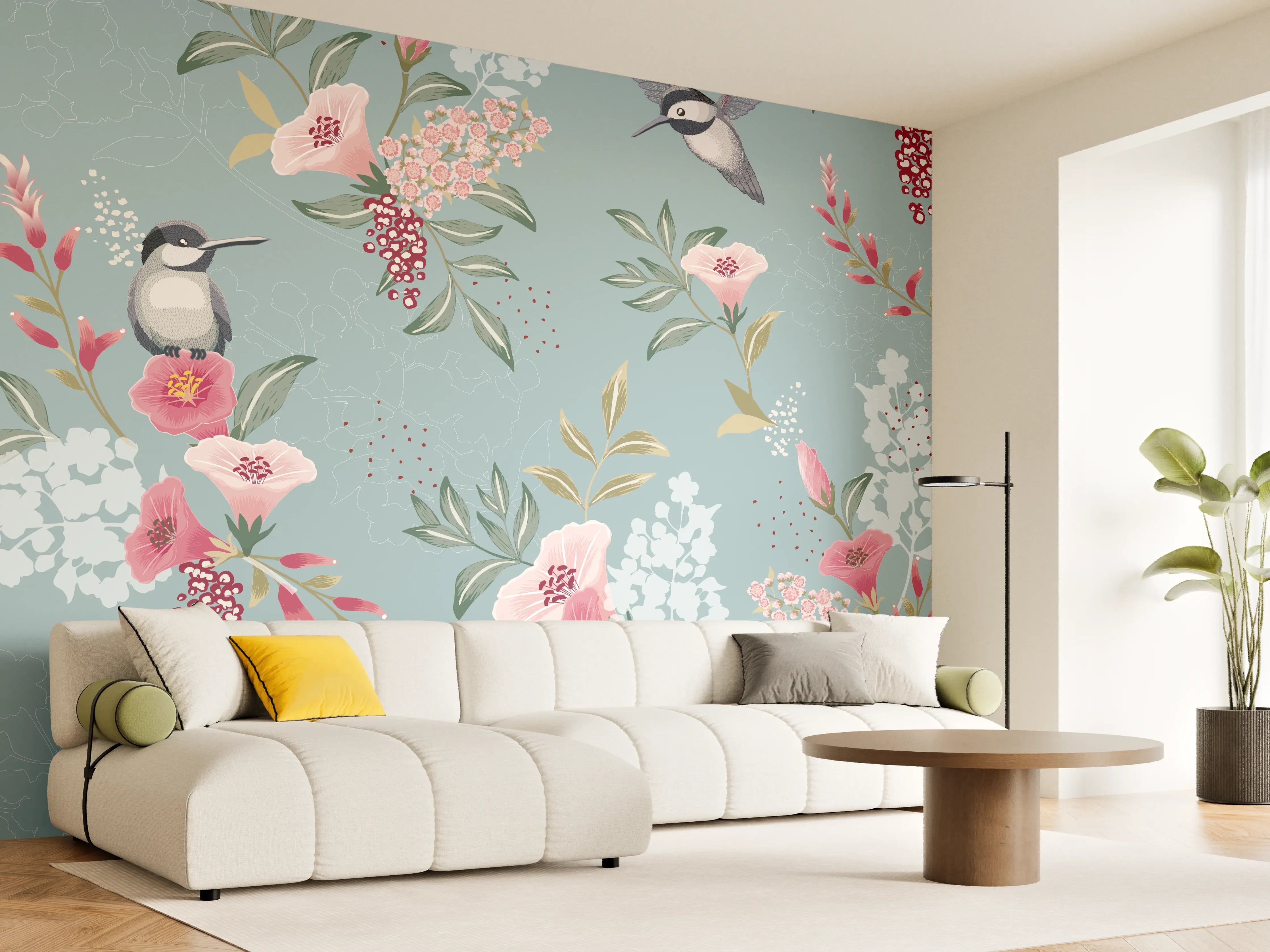 Wandverkleidung Wohnzimmer - Floral-Bird-Muster Blaugrau