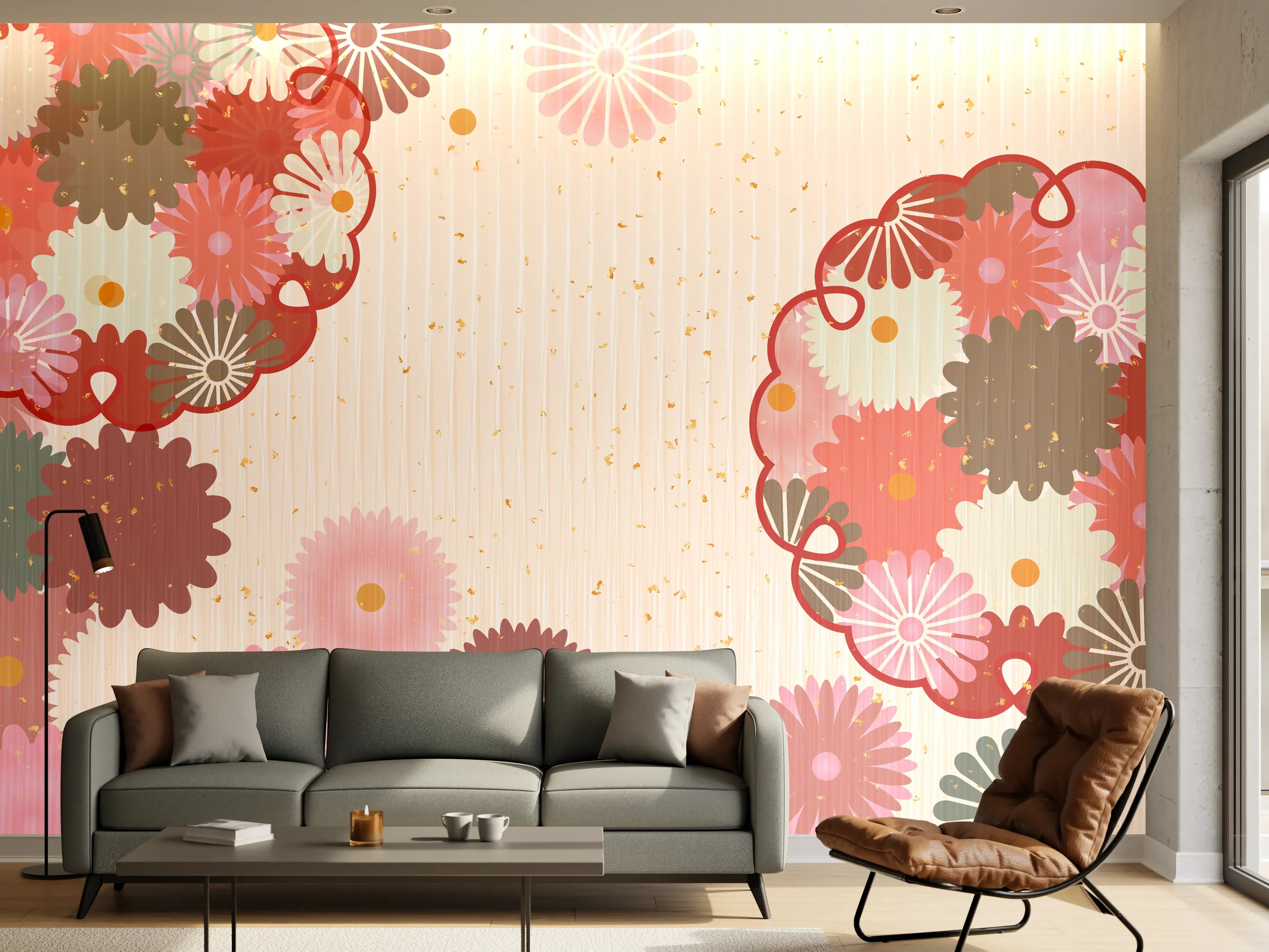 Wandverkleidung Wohnzimmer - Floral Blumenmuster Beige Rot