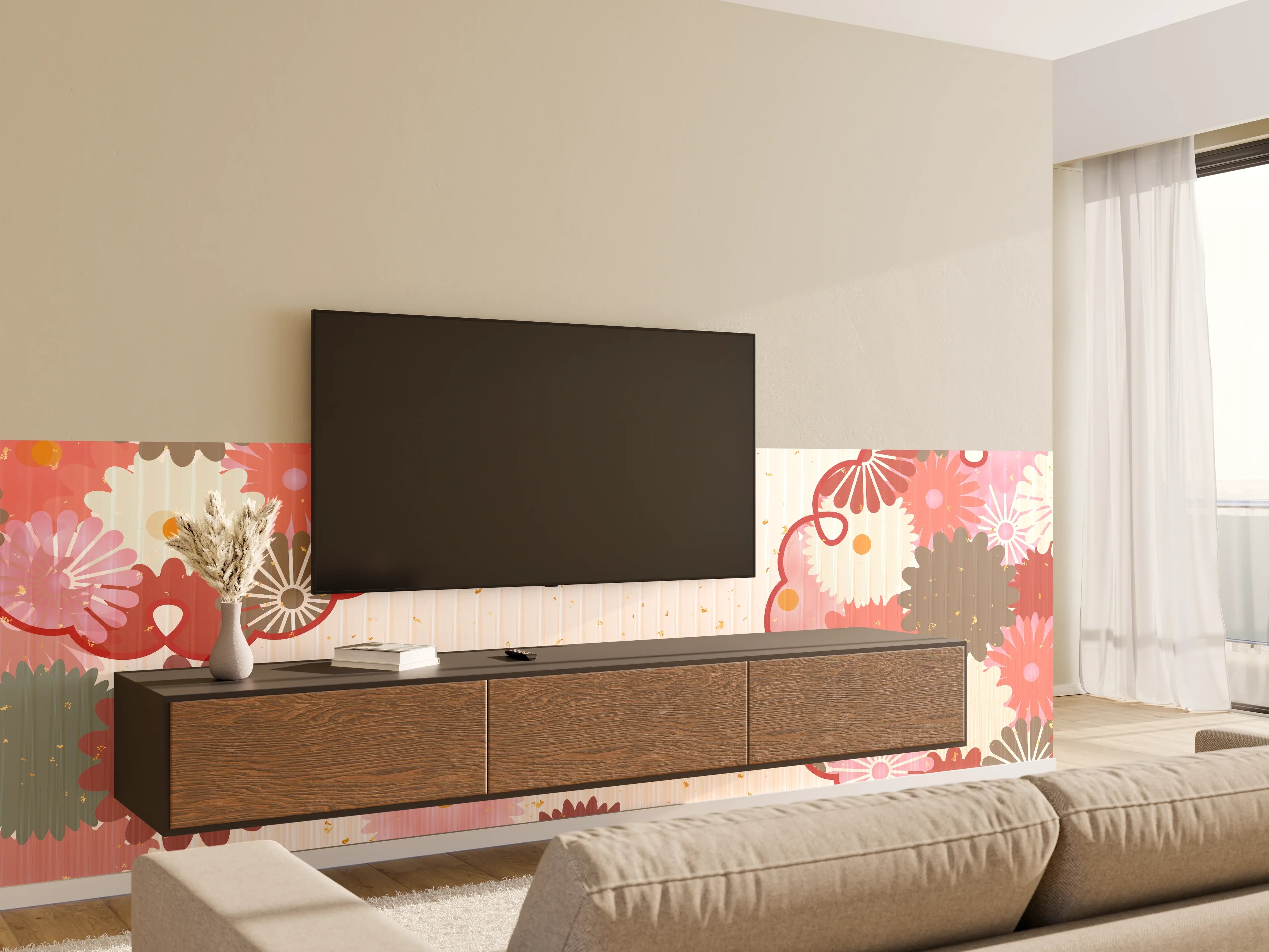 Wandverkleidung Wohnzimmer - Floral Blumenmuster Beige Rot