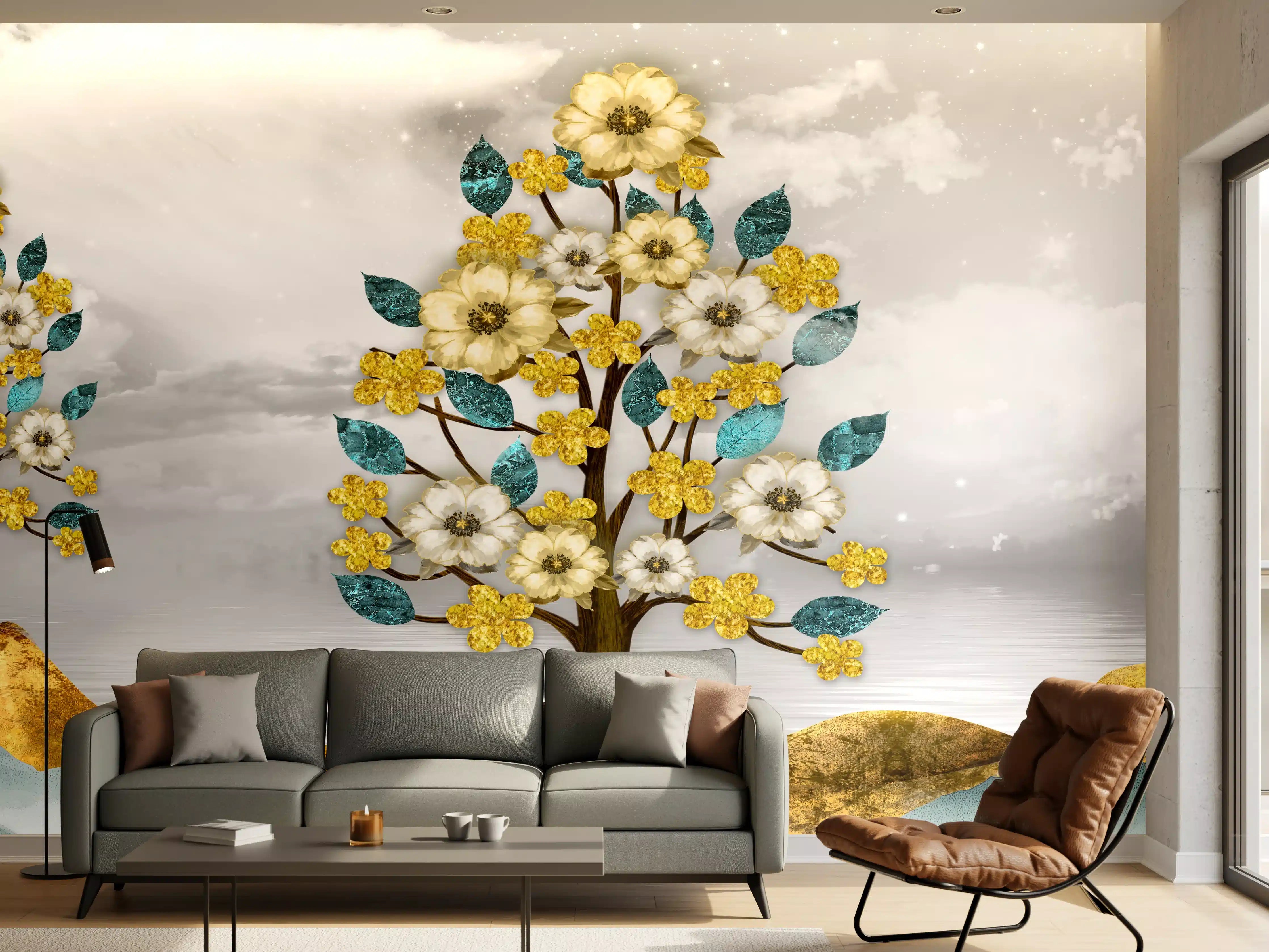 Wandverkleidung Wohnzimmer - Florale Kunstmalerei - Natur