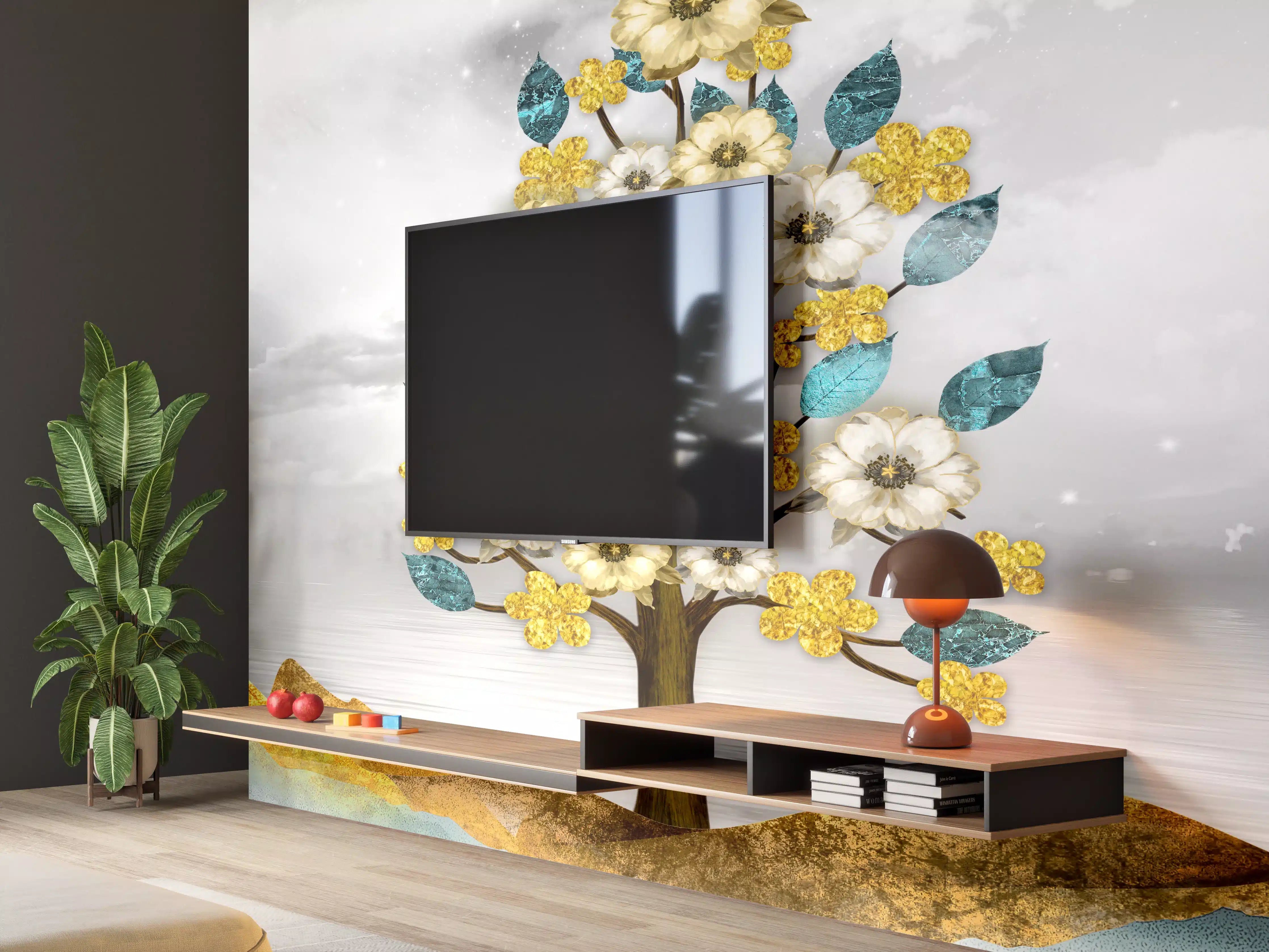 Wandverkleidung Wohnzimmer - Florale Kunstmalerei - Natur