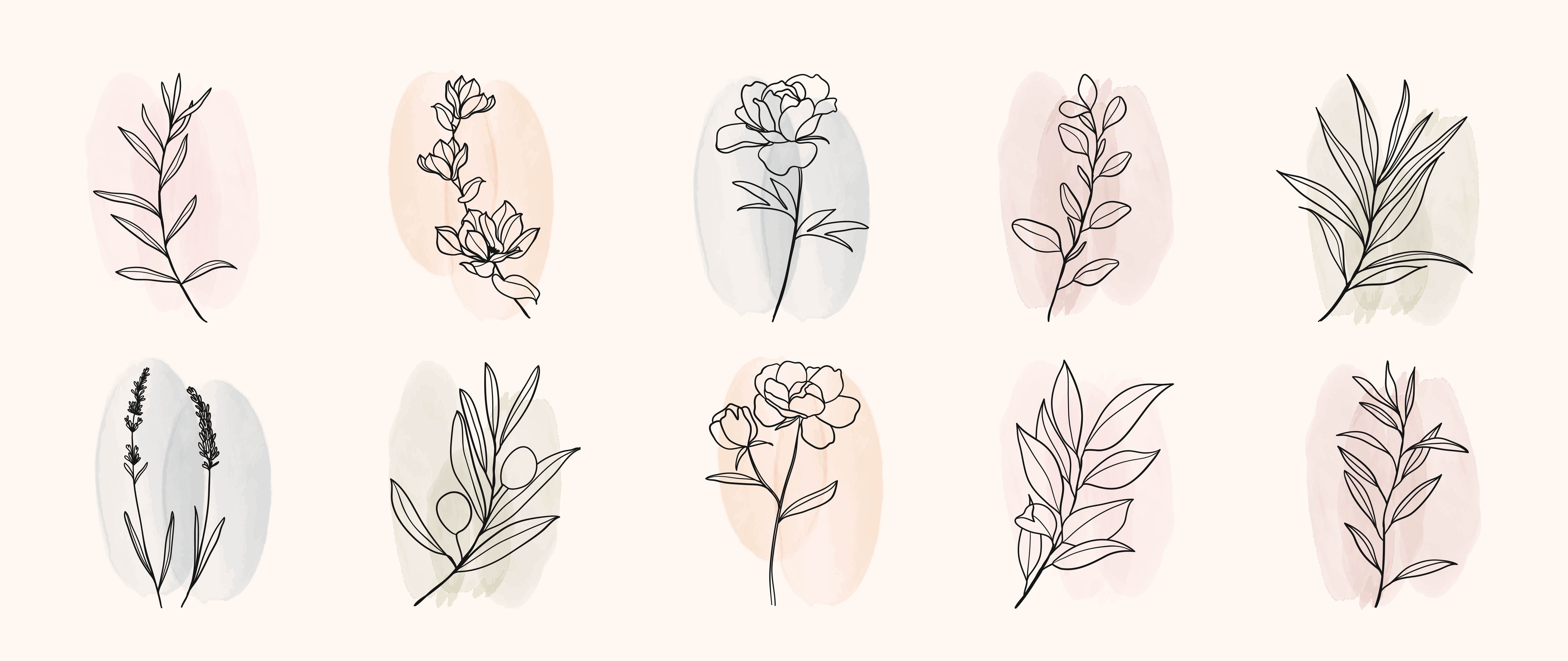 Wandverkleidung Wohnzimmer-Florale Lineart Zeichnung Kollektion