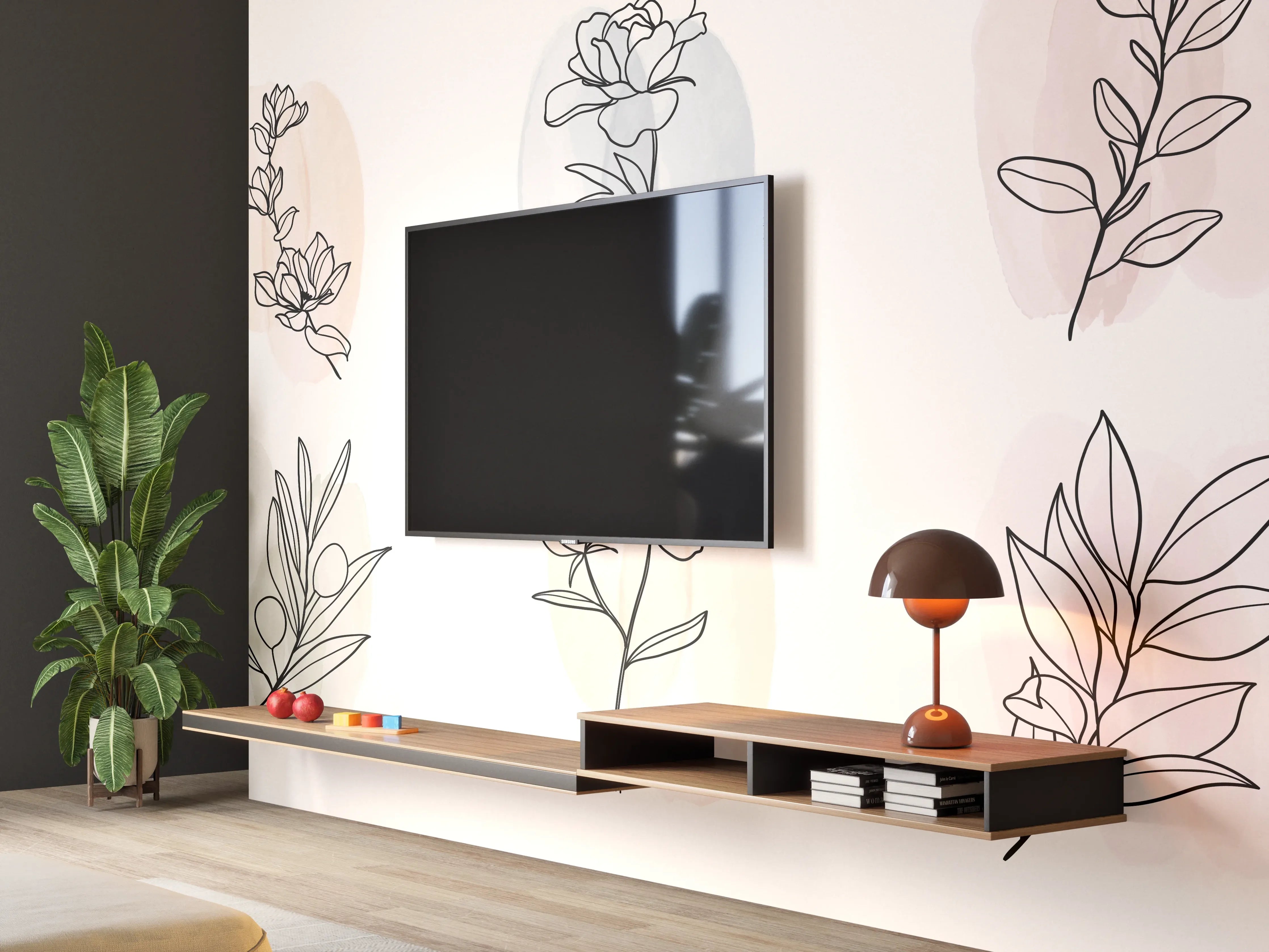 Wandverkleidung Wohnzimmer - Florale Lineart Zeichnung Kollektion