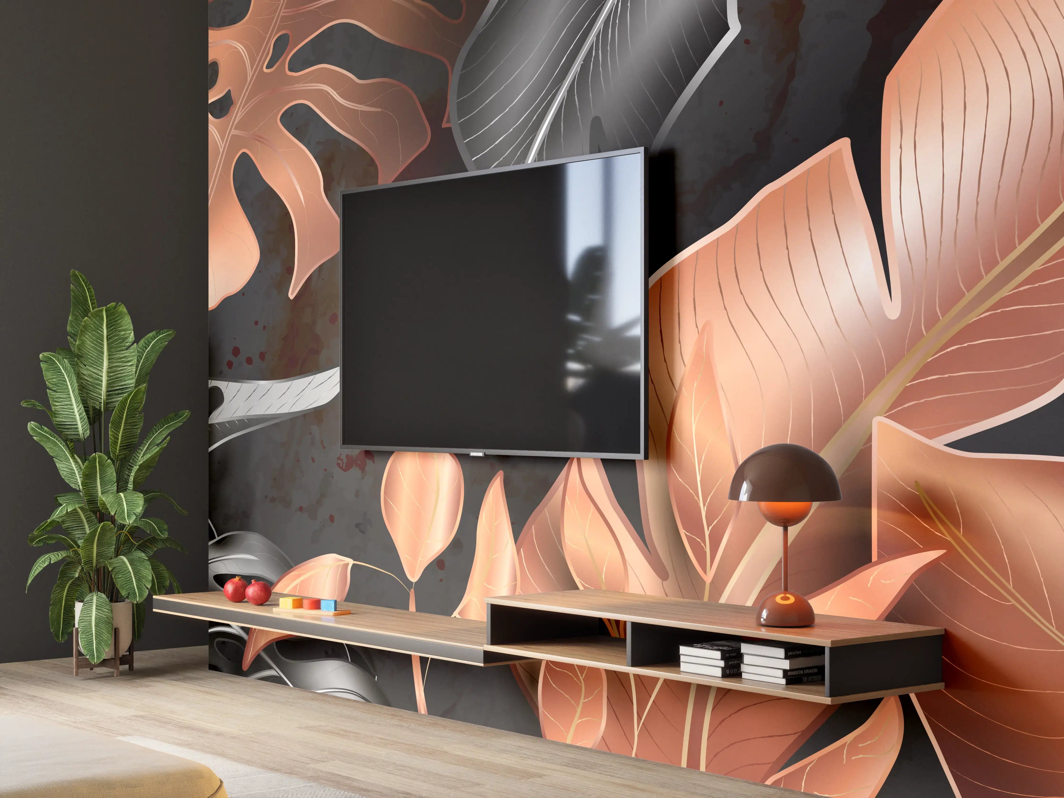 Wandverkleidung Wohnzimmer - Florale Muster Schwarz Kupfer