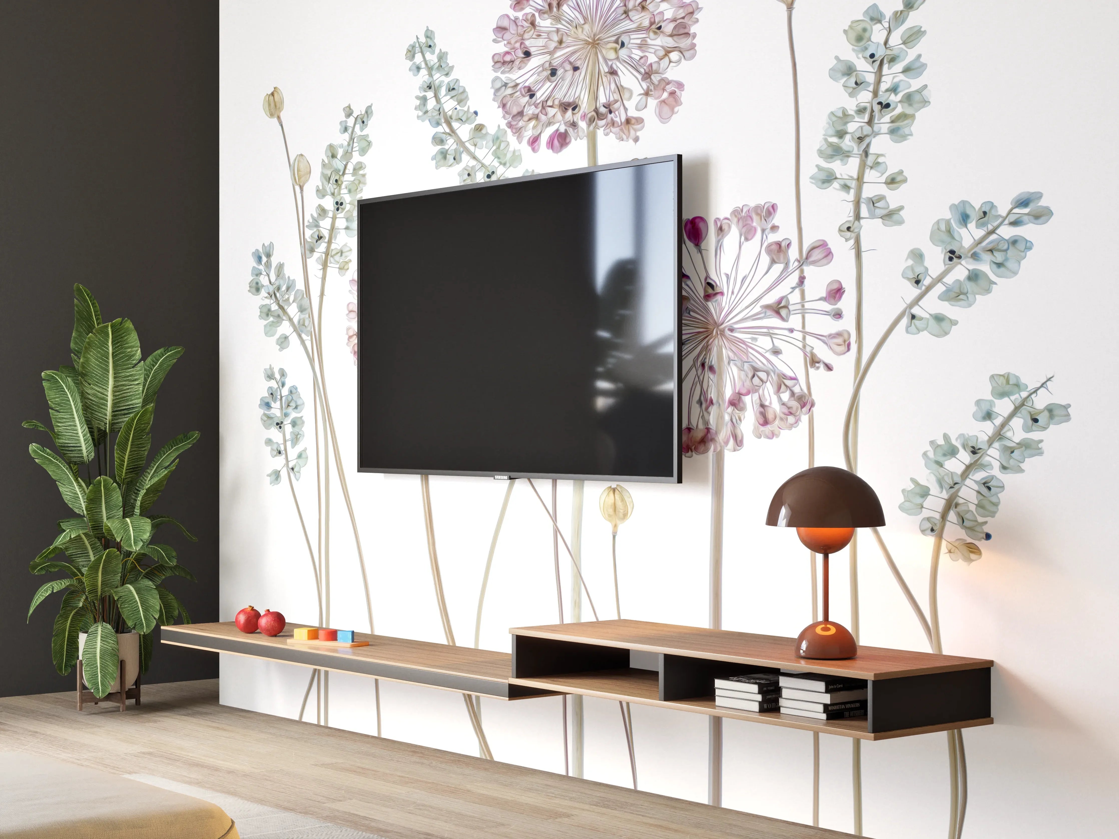 Wandverkleidung Wohnzimmer - Florale Wasserfarbenkunst