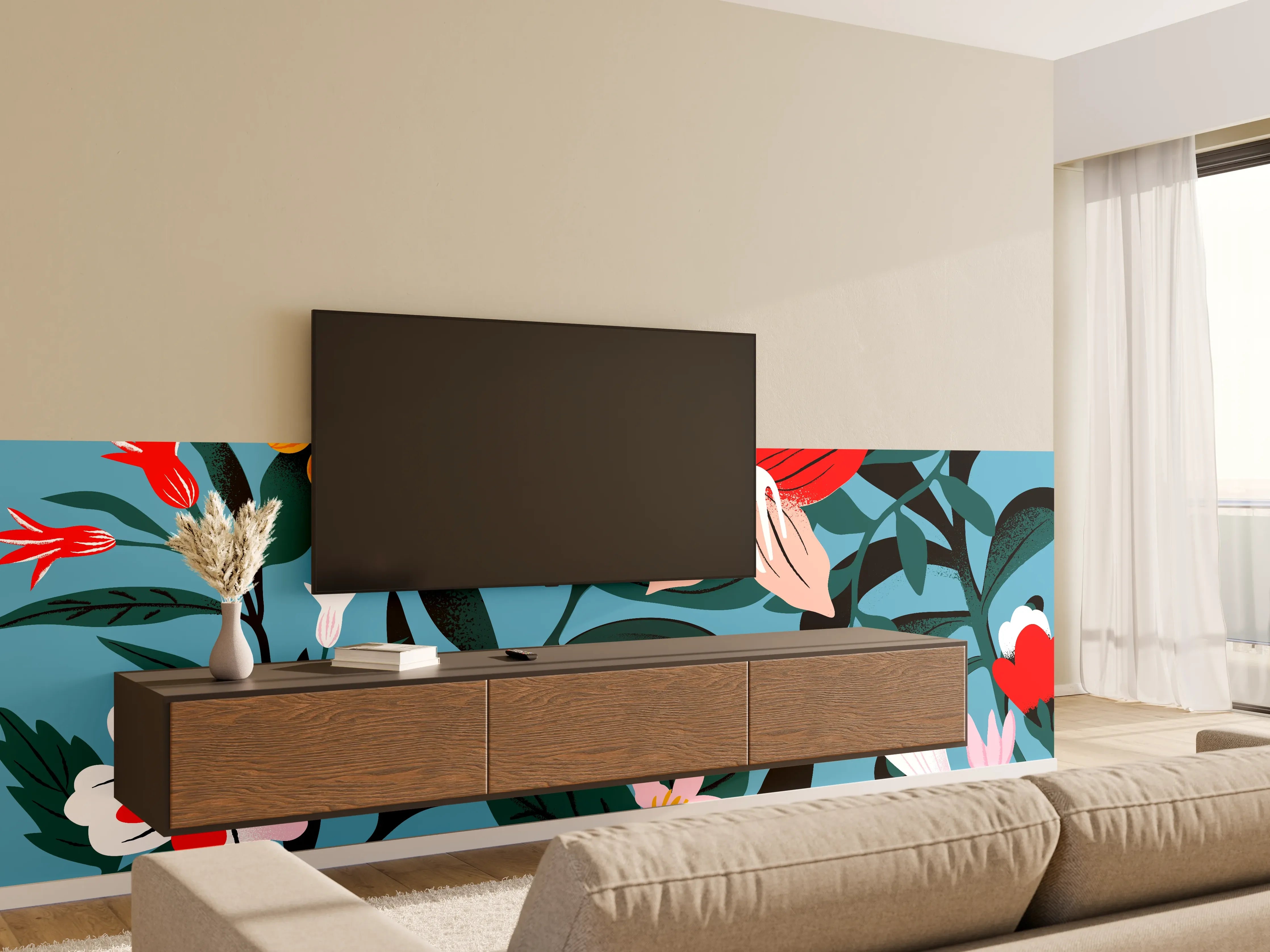 Wandverkleidung Wohnzimmer - Florales Blau-Rot Muster