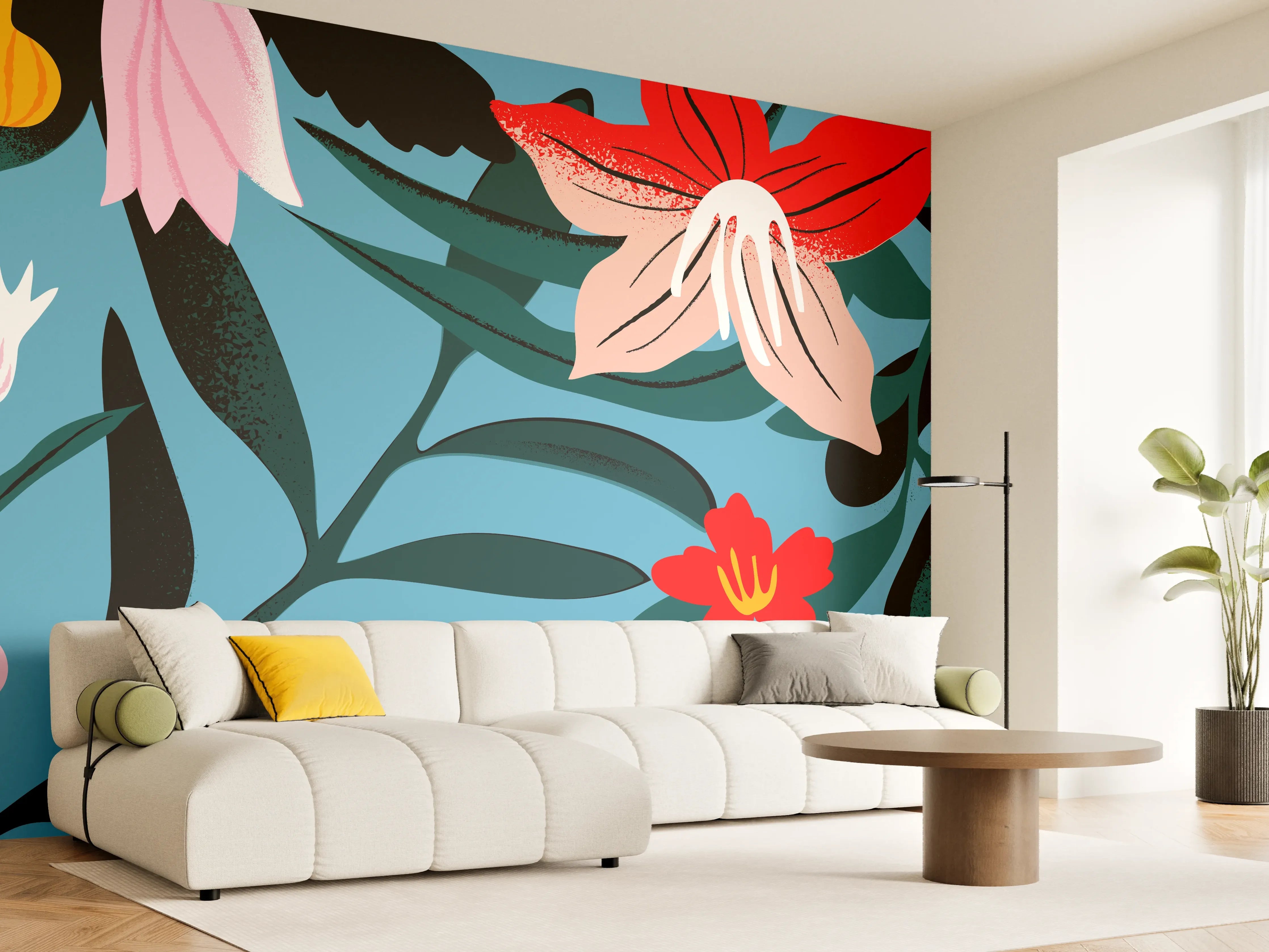 Wandverkleidung Wohnzimmer - Florales Blau-Rot Muster