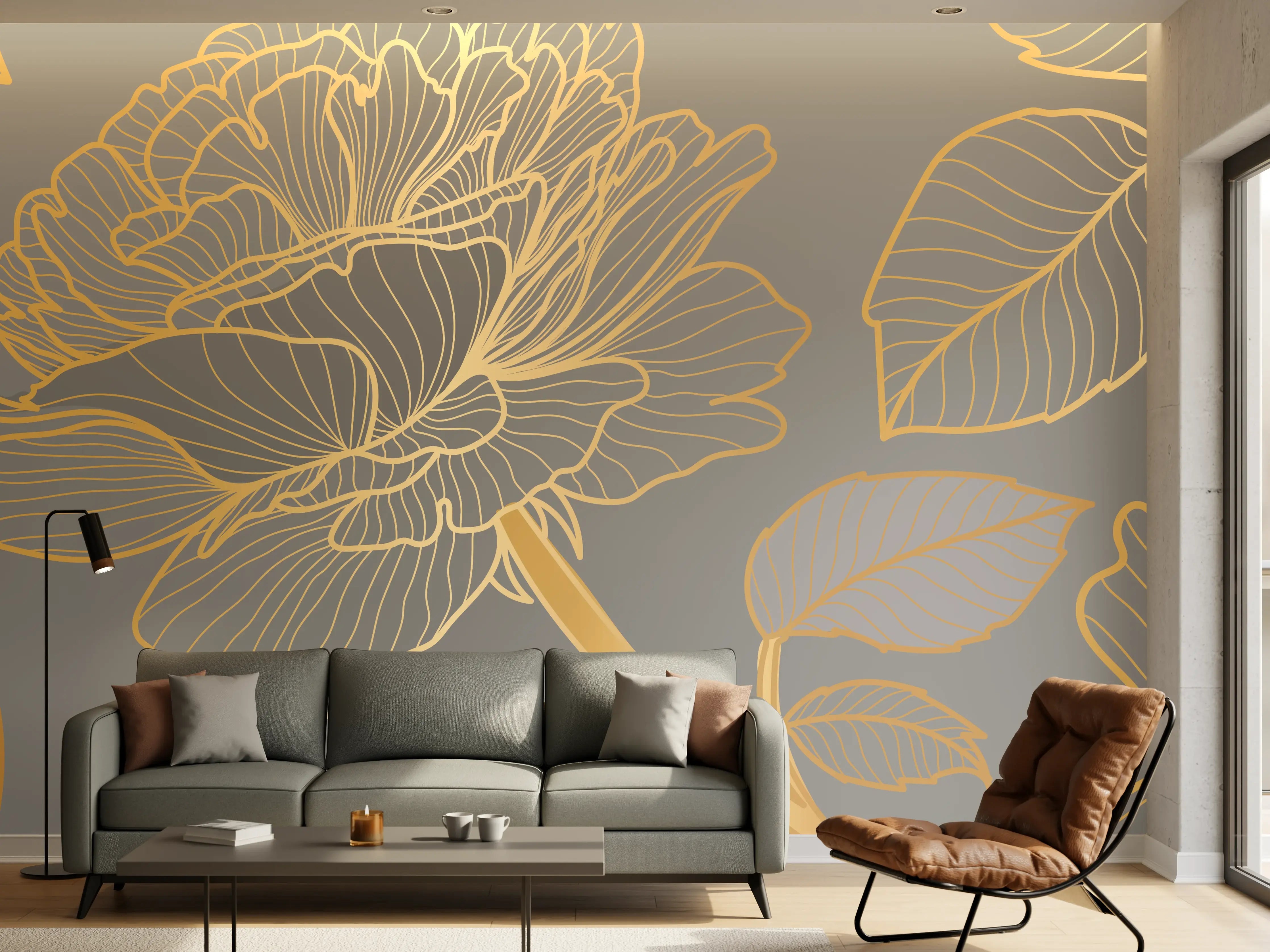 Wandverkleidung Wohnzimmer - Florales Gold-Muster Design
