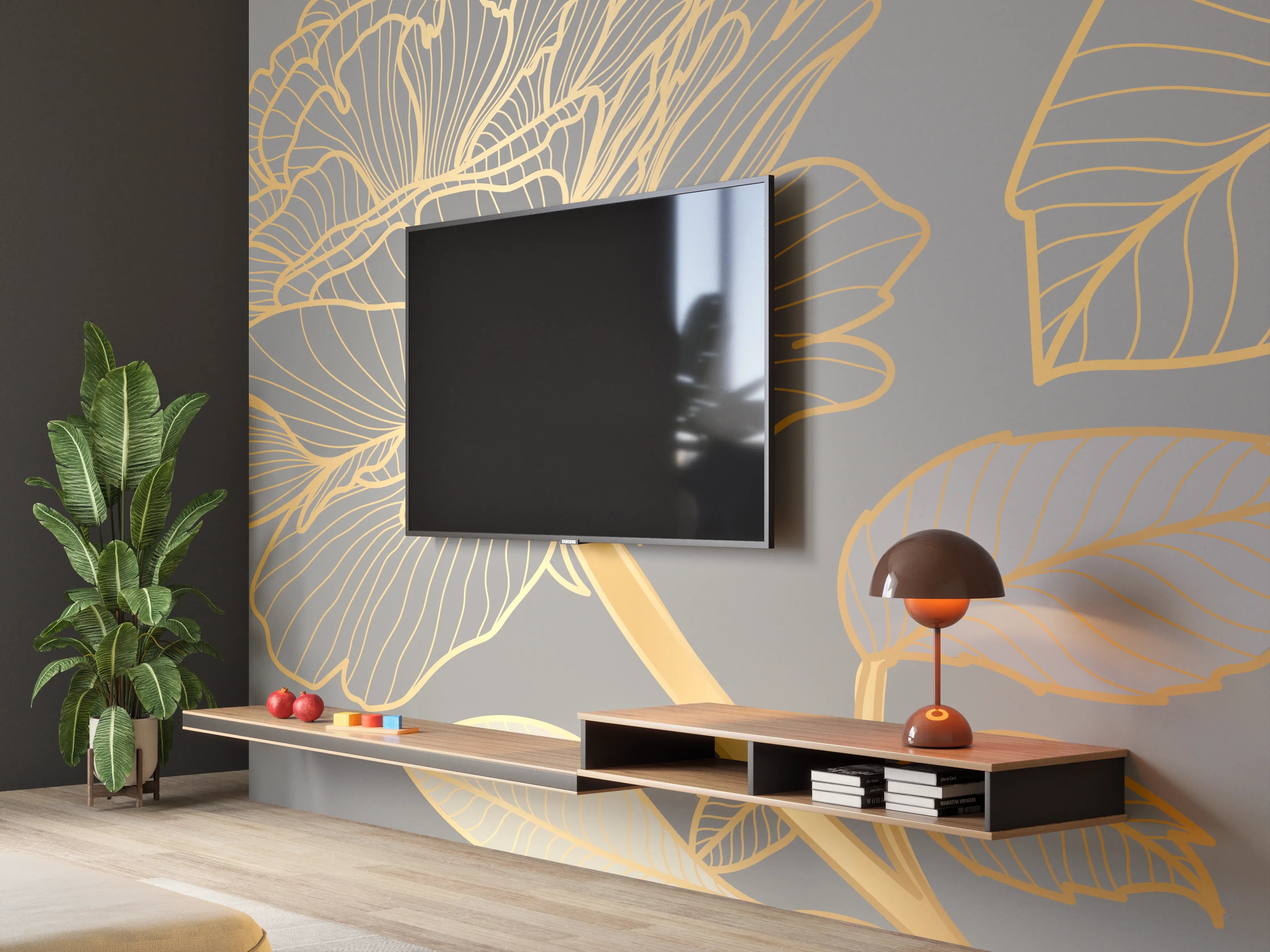 Wandverkleidung Wohnzimmer - Florales Gold-Muster Design