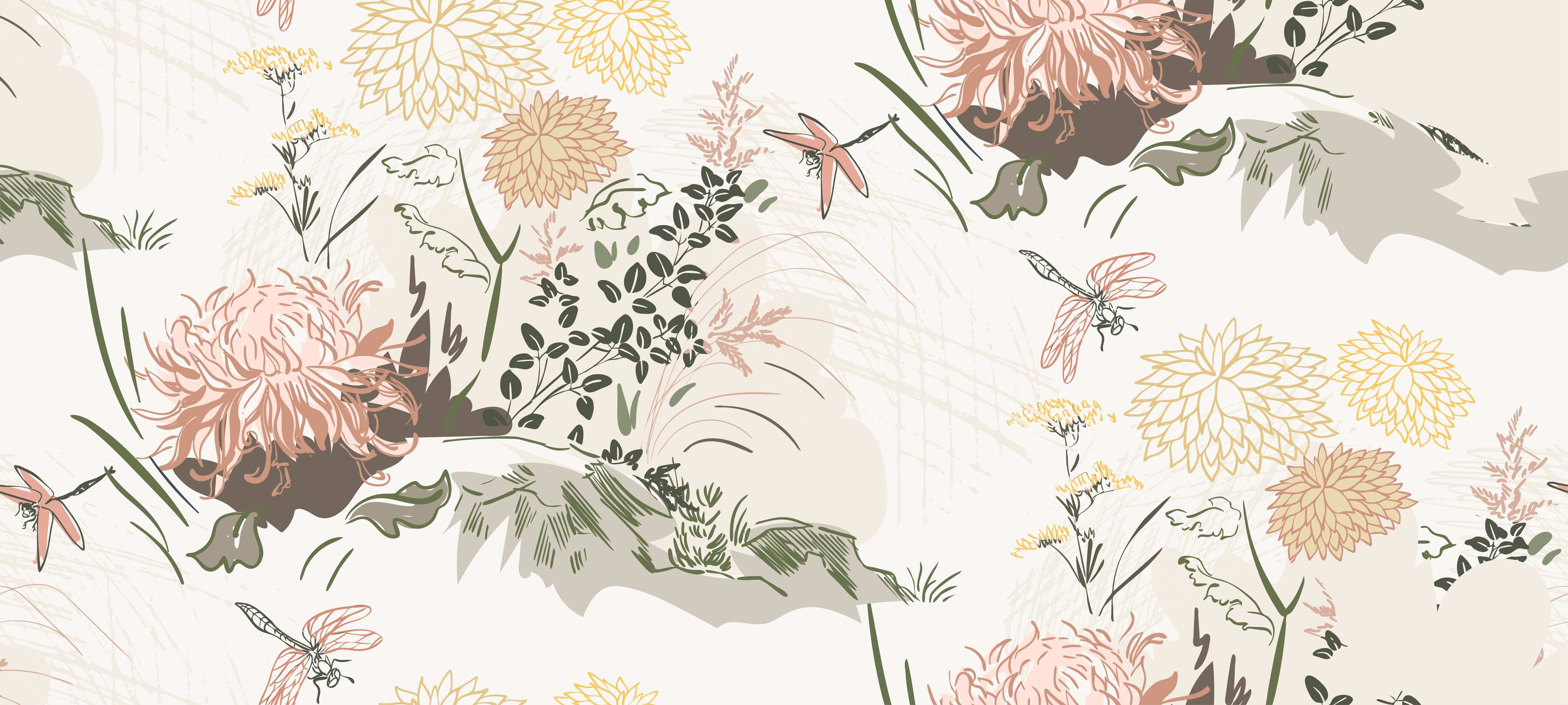 Wandverkleidung Wohnzimmer-Florales Muster Beige-Grün-Rosa