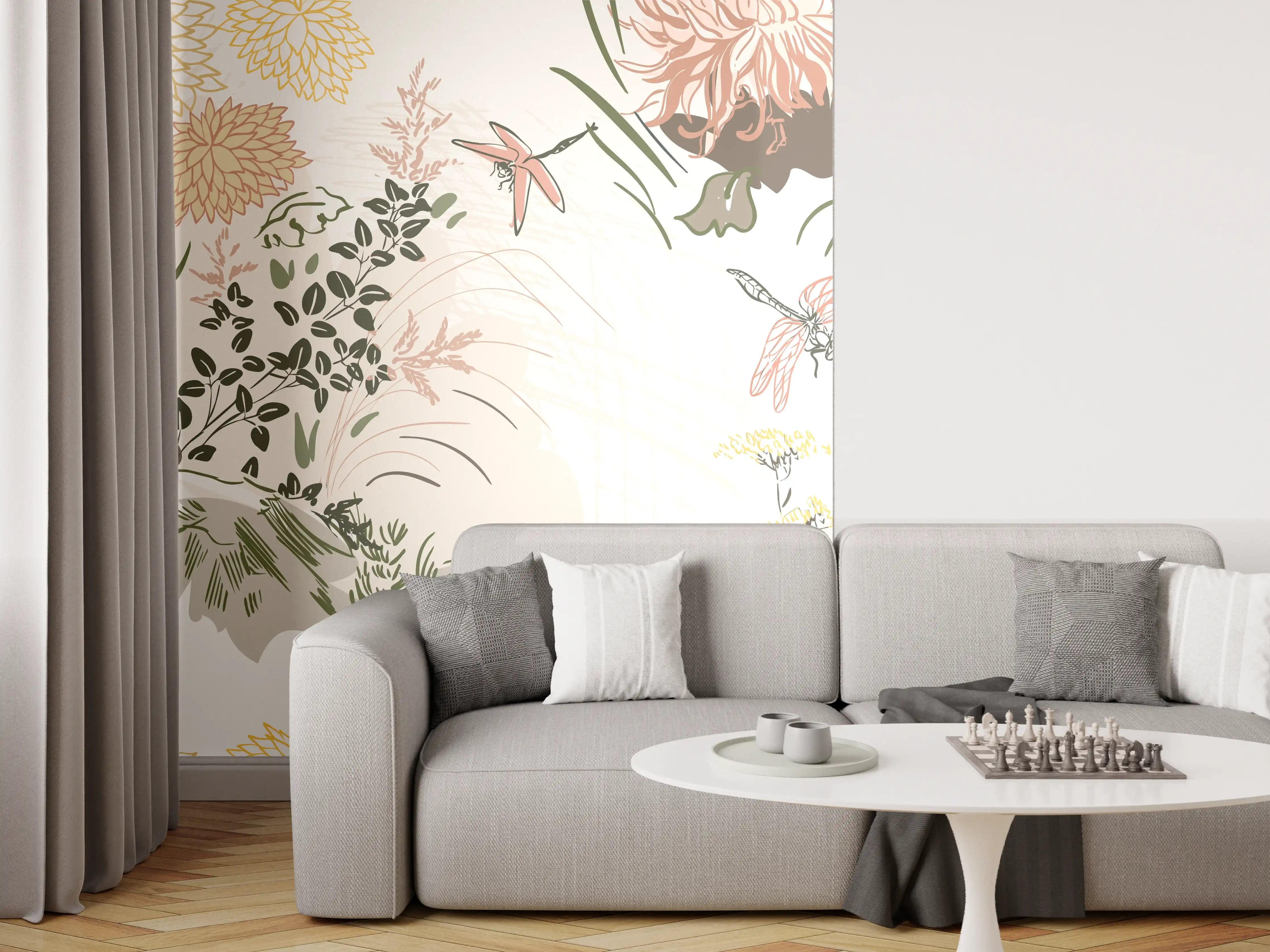 Wandverkleidung Wohnzimmer - Florales Muster Beige-Grün-Rosa