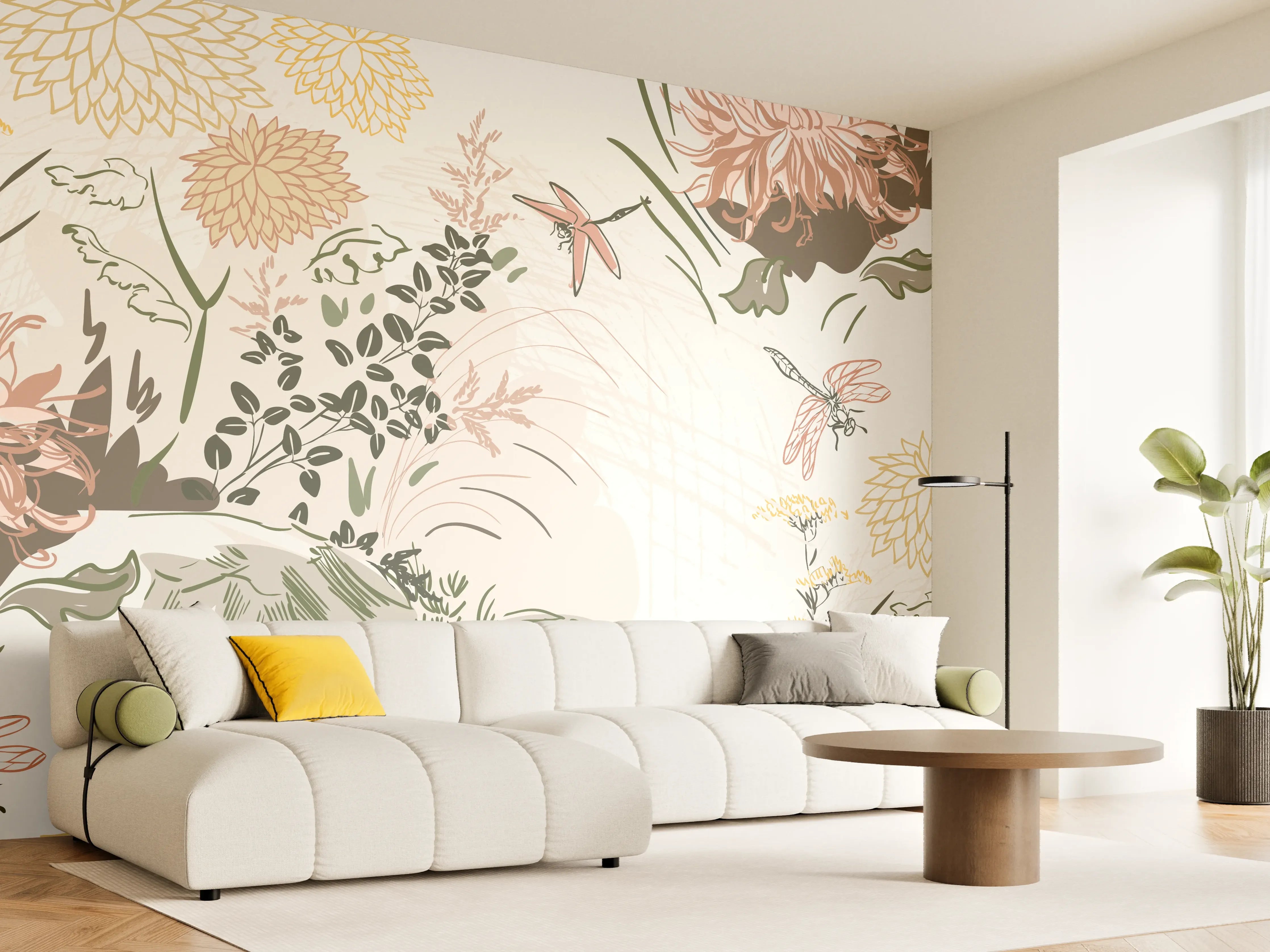 Wandverkleidung Wohnzimmer - Florales Muster Beige-Grün-Rosa