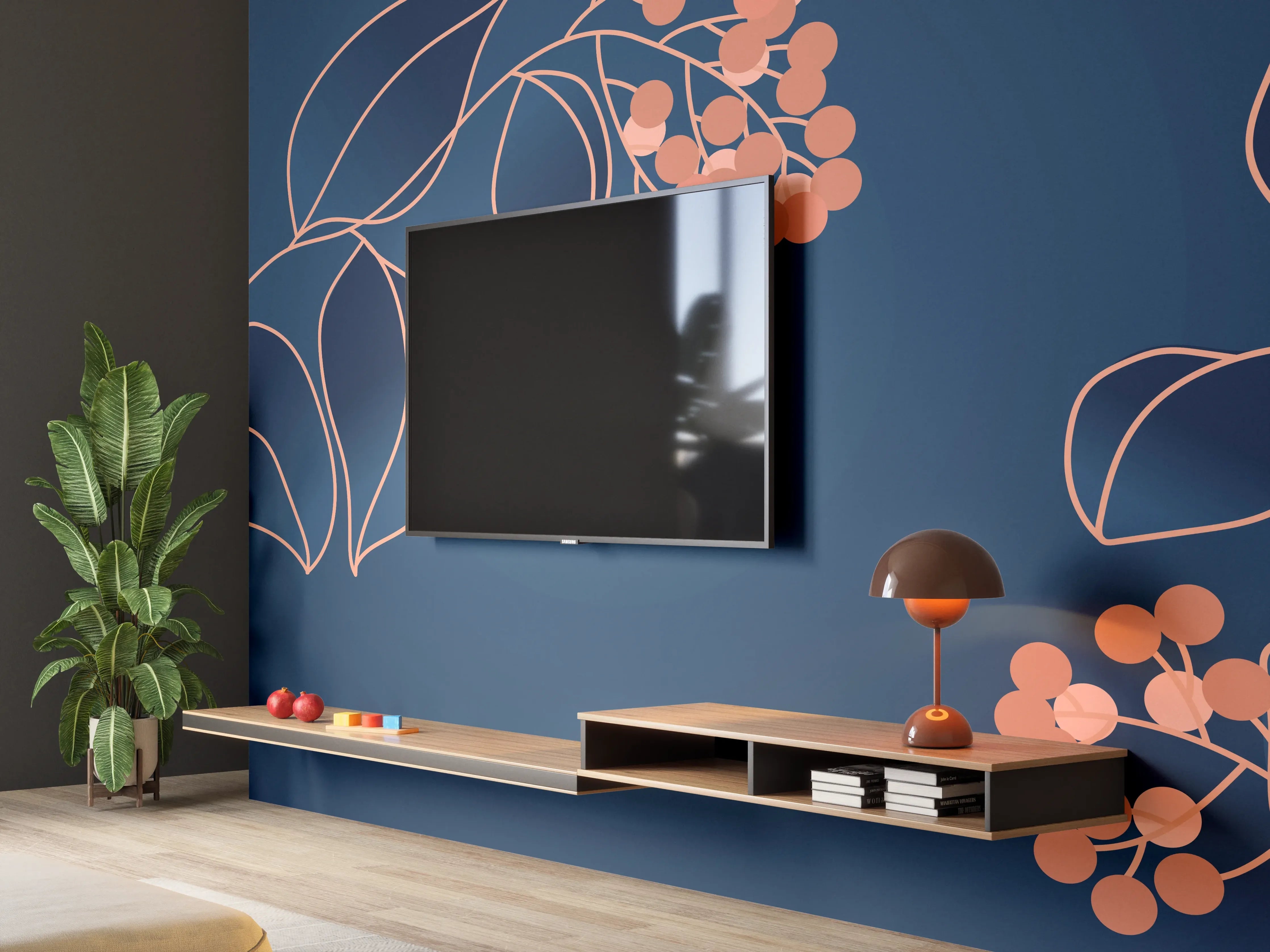 Wandverkleidung Wohnzimmer - Florales Muster Navy-Orange