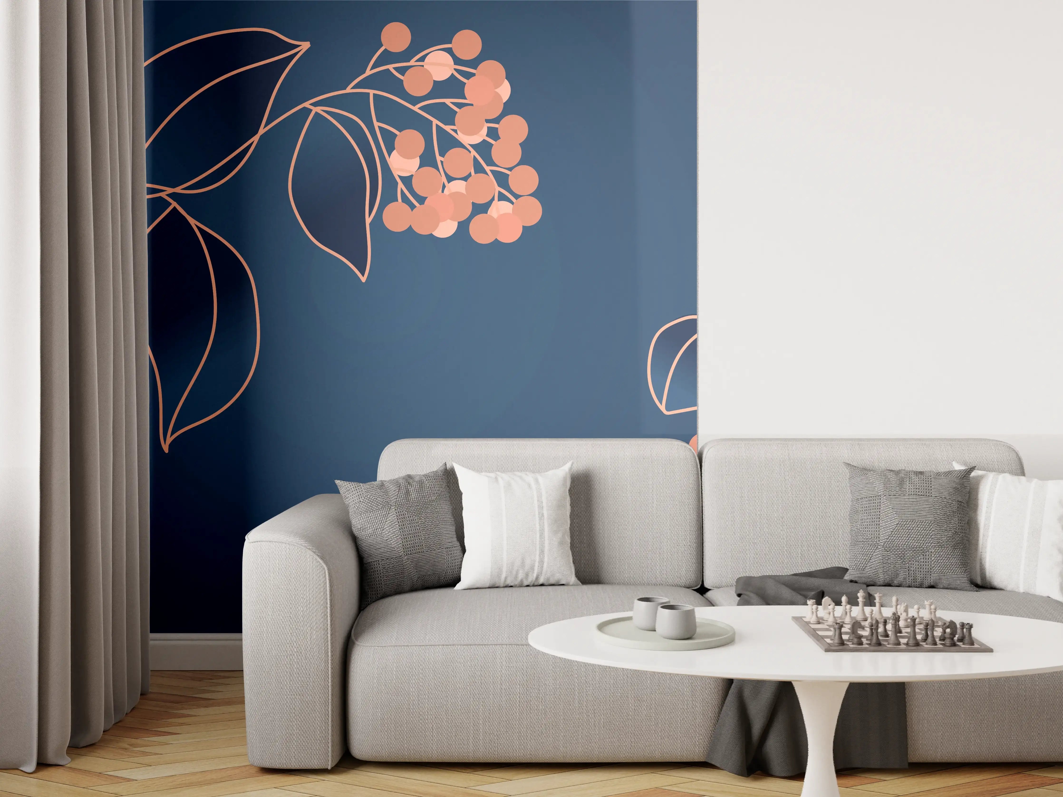 Wandverkleidung Wohnzimmer - Florales Muster Navy-Orange