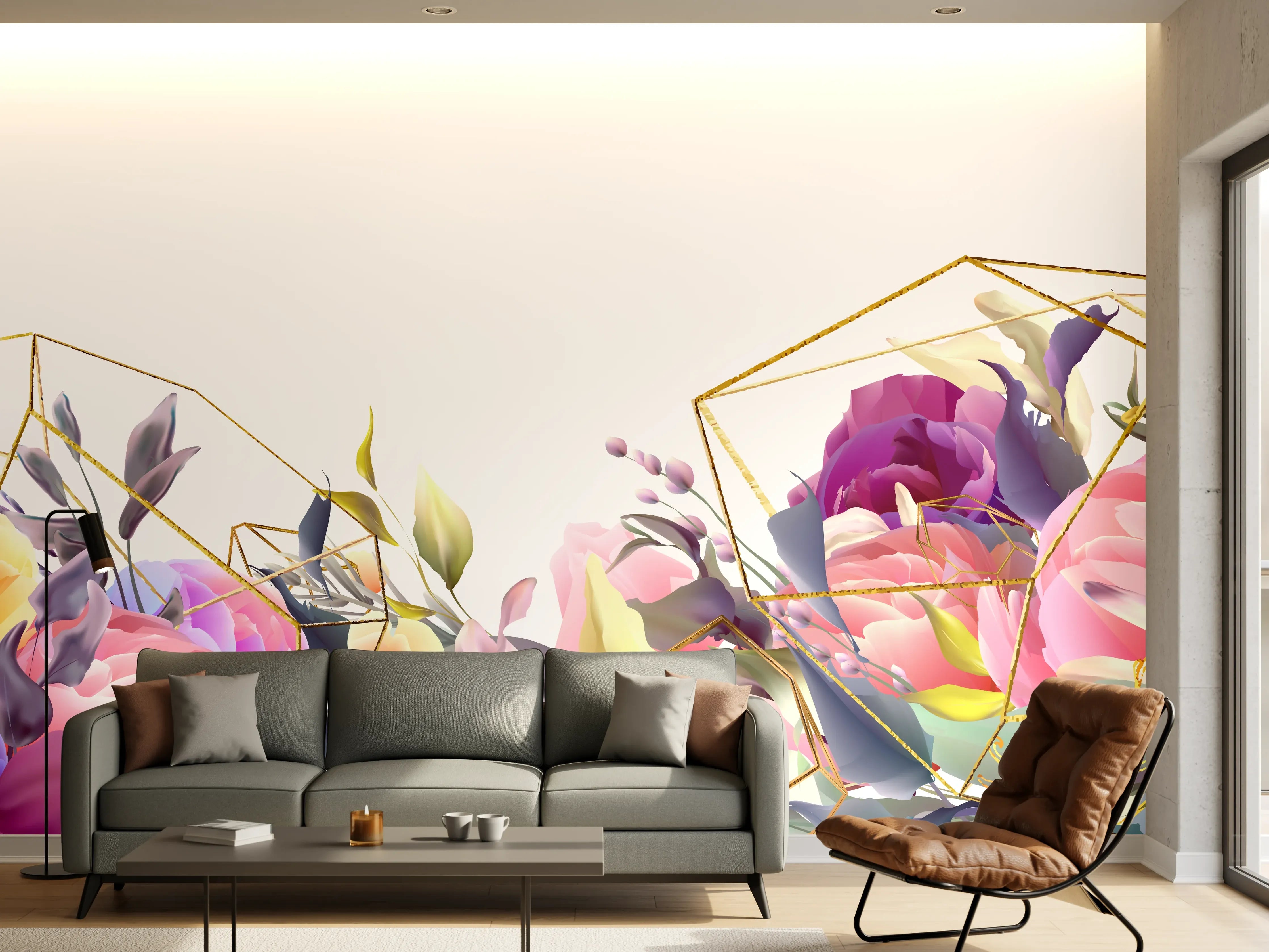 Wandverkleidung Wohnzimmer - Florales Muster mit Goldakzenten