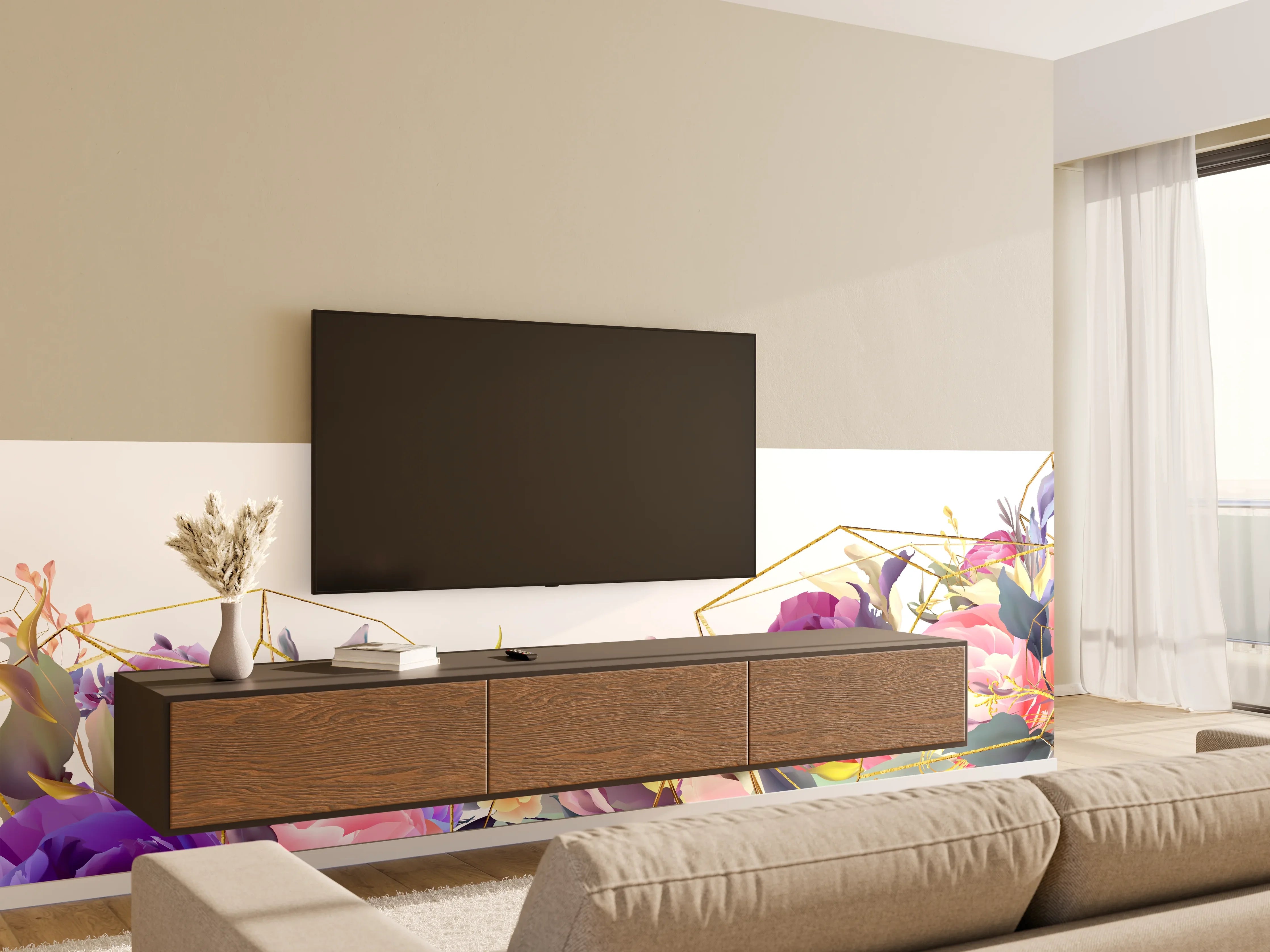 Wandverkleidung Wohnzimmer - Florales Muster mit Goldakzenten