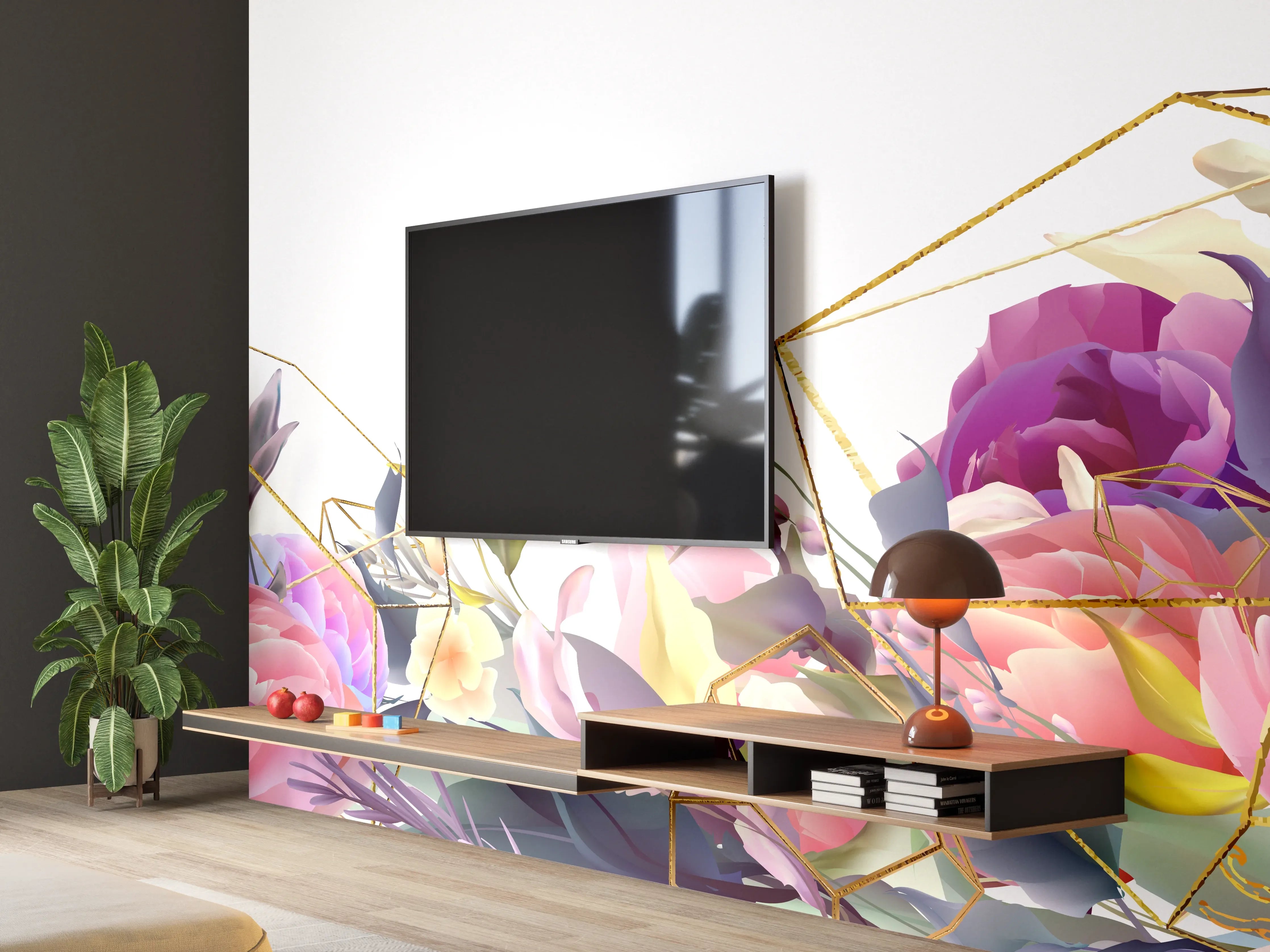 Wandverkleidung Wohnzimmer - Florales Muster mit Goldakzenten