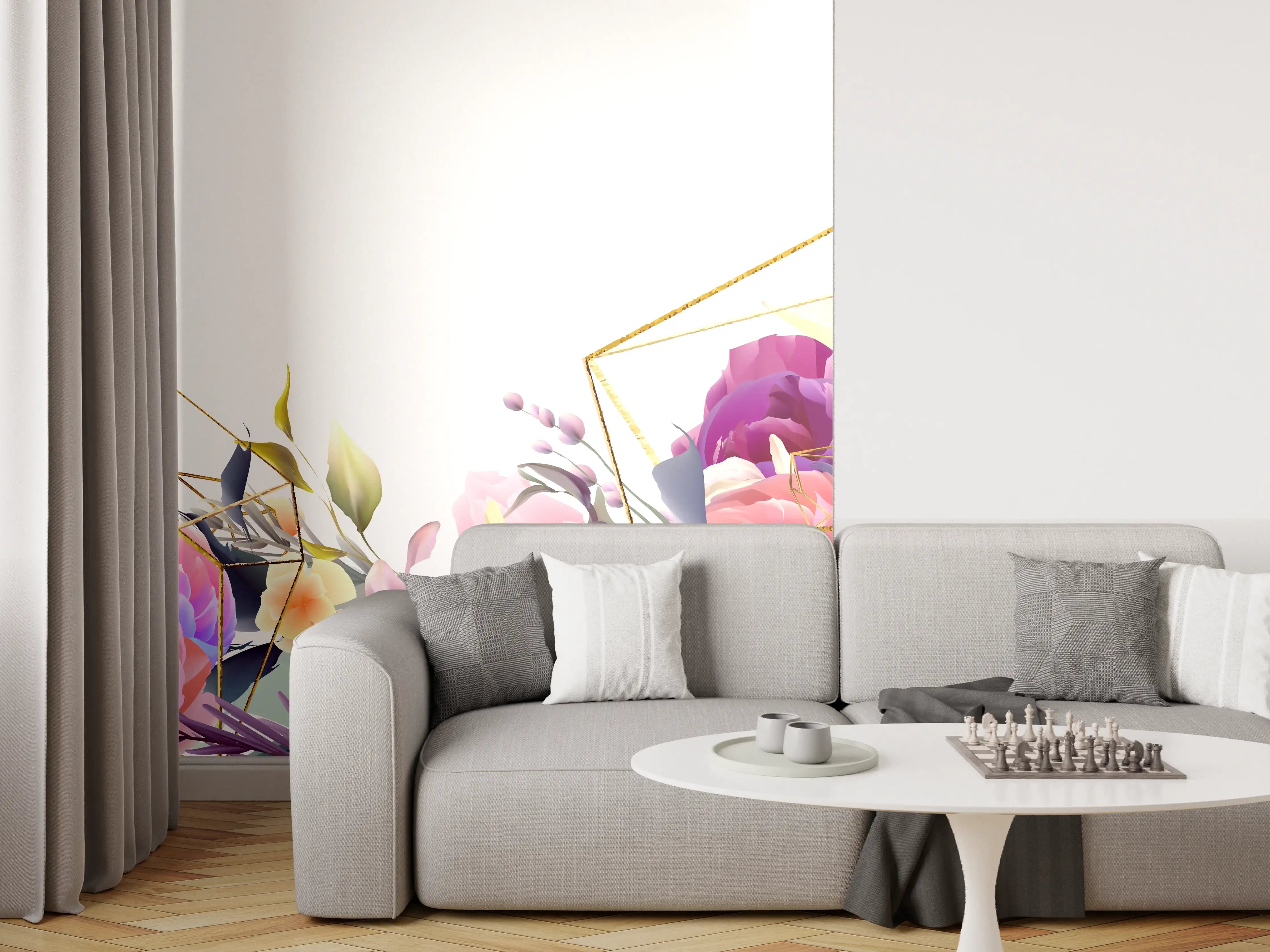 Wandverkleidung Wohnzimmer - Florales Muster mit Goldakzenten